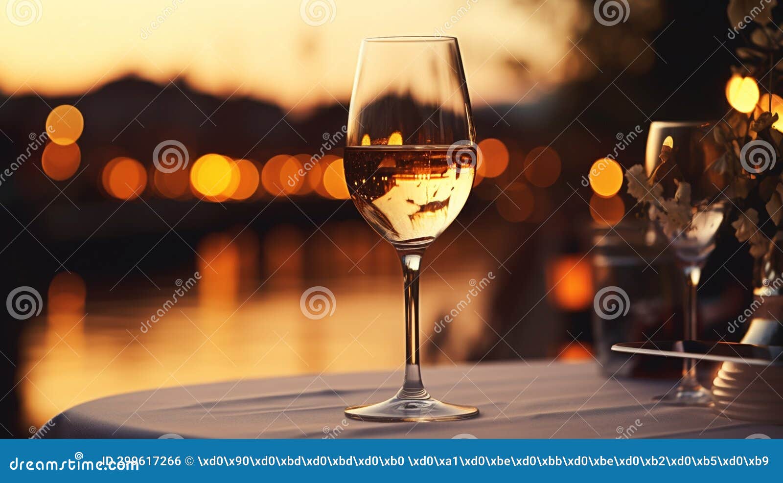 A Table in a Restaurant with a Glass of White Wine, Soft Golden Light