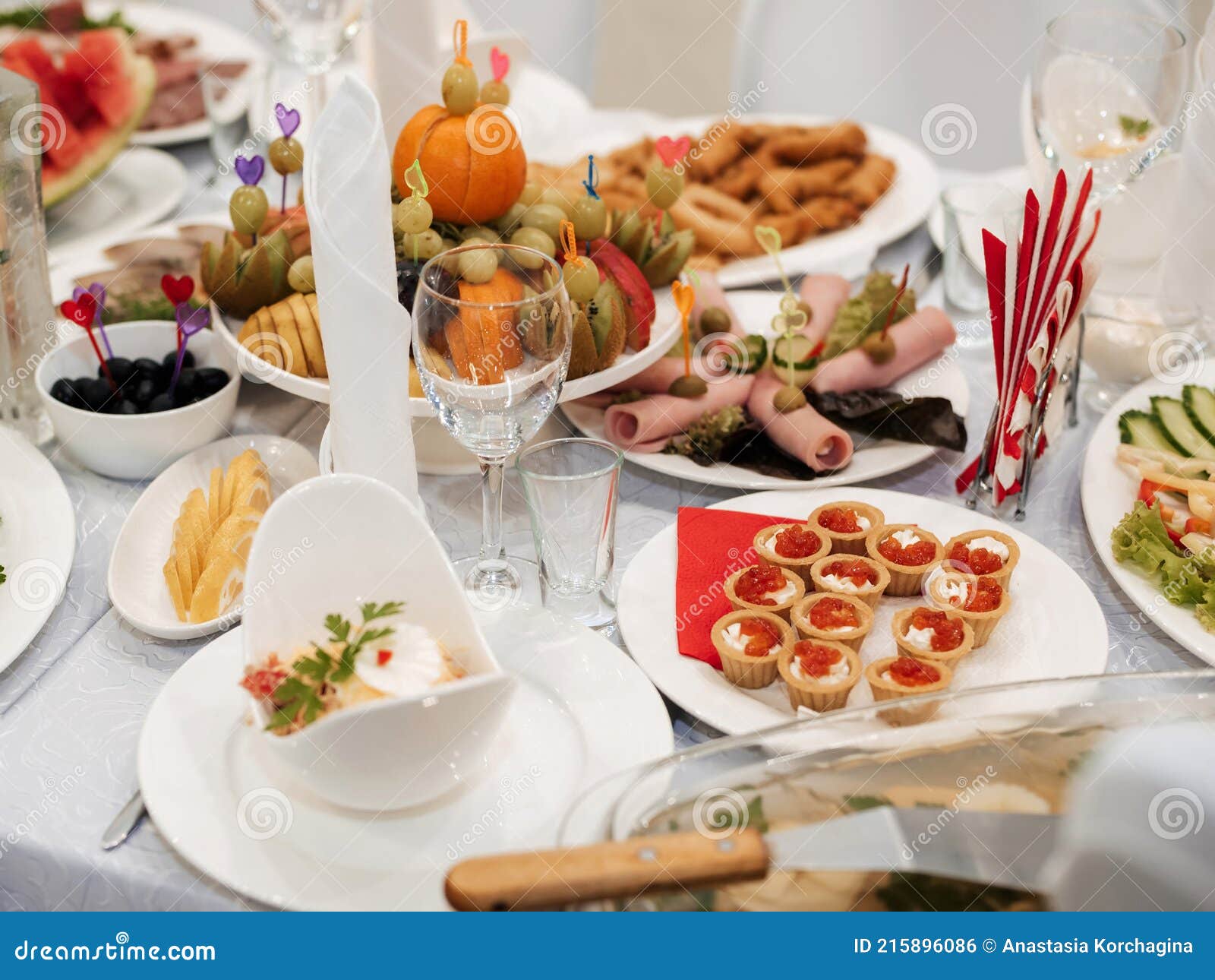 The Table is Served for the Celebration with Snacks and Alcohol Stock