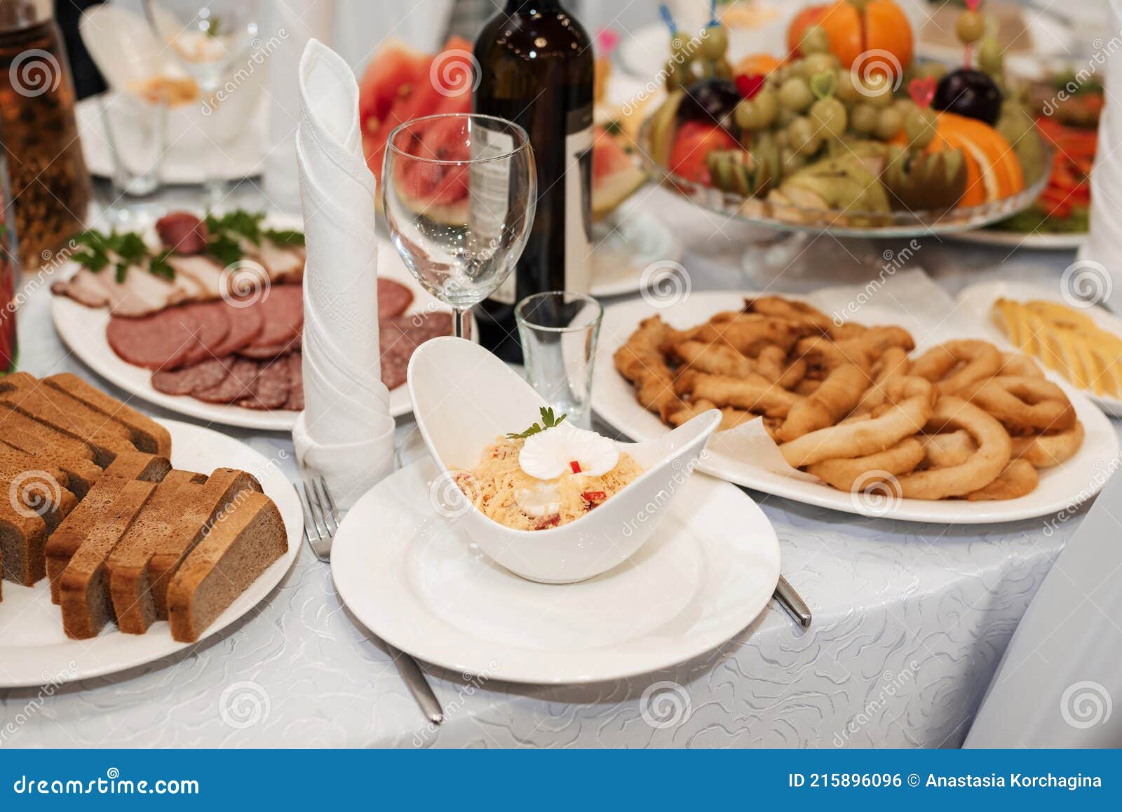 The Table is Served for the Celebration with Snacks and Alcohol Stock