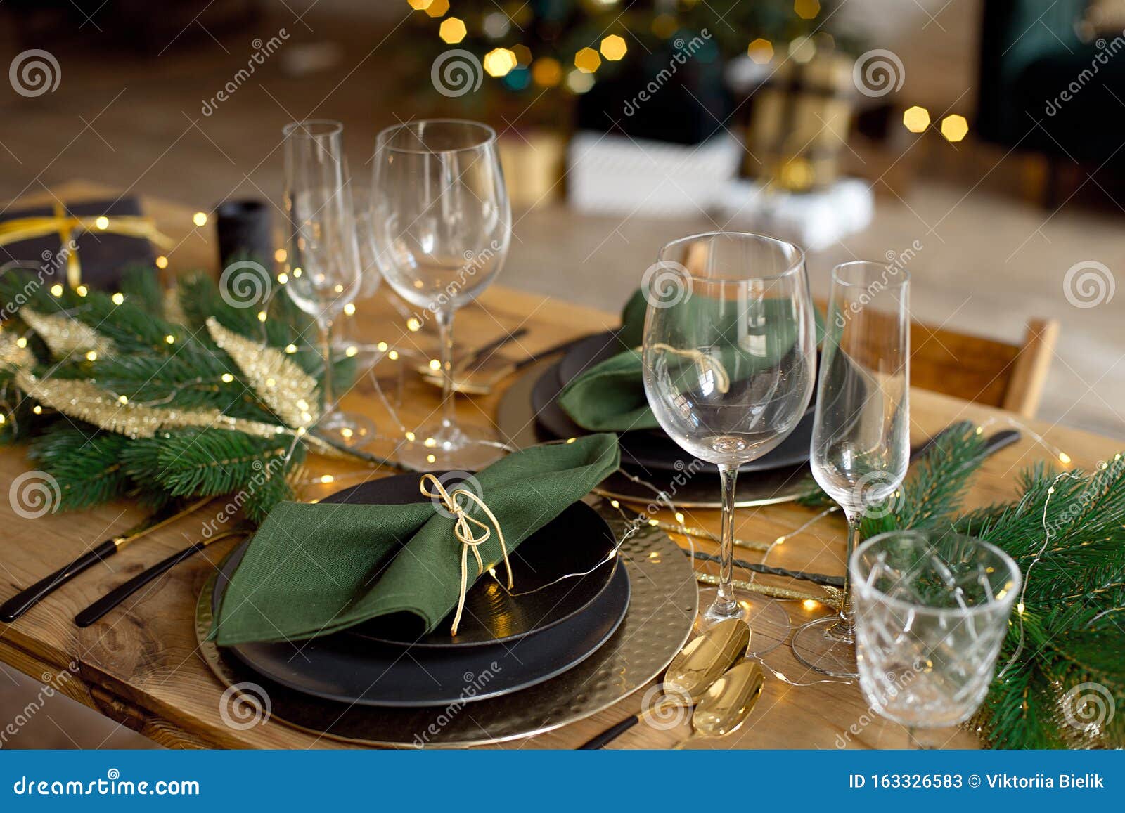 Table Served For Christmas Dinner In Living Room, Close-up View, Table