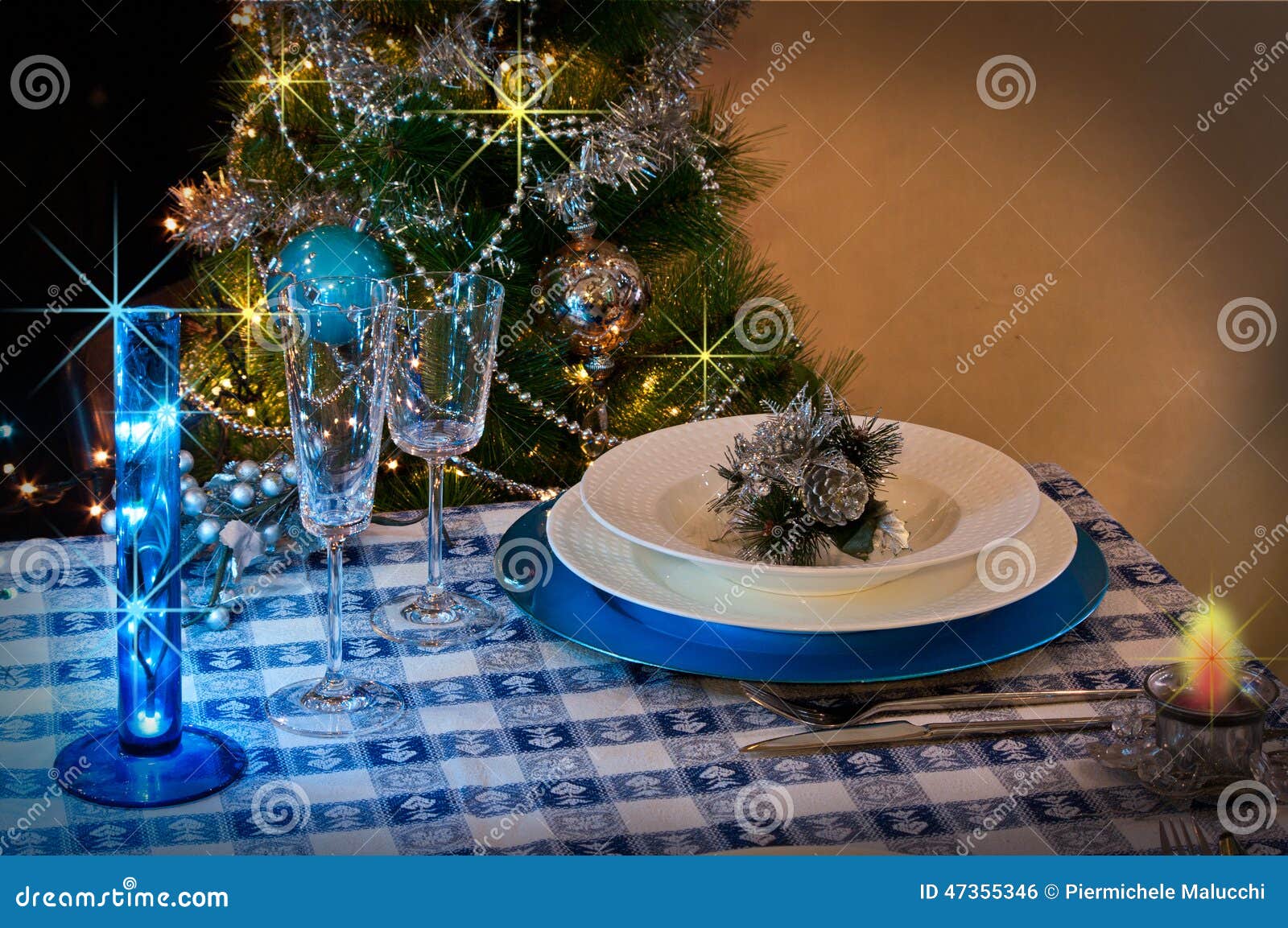 Table Set For Christmas Dinner With Decoration Blue And 