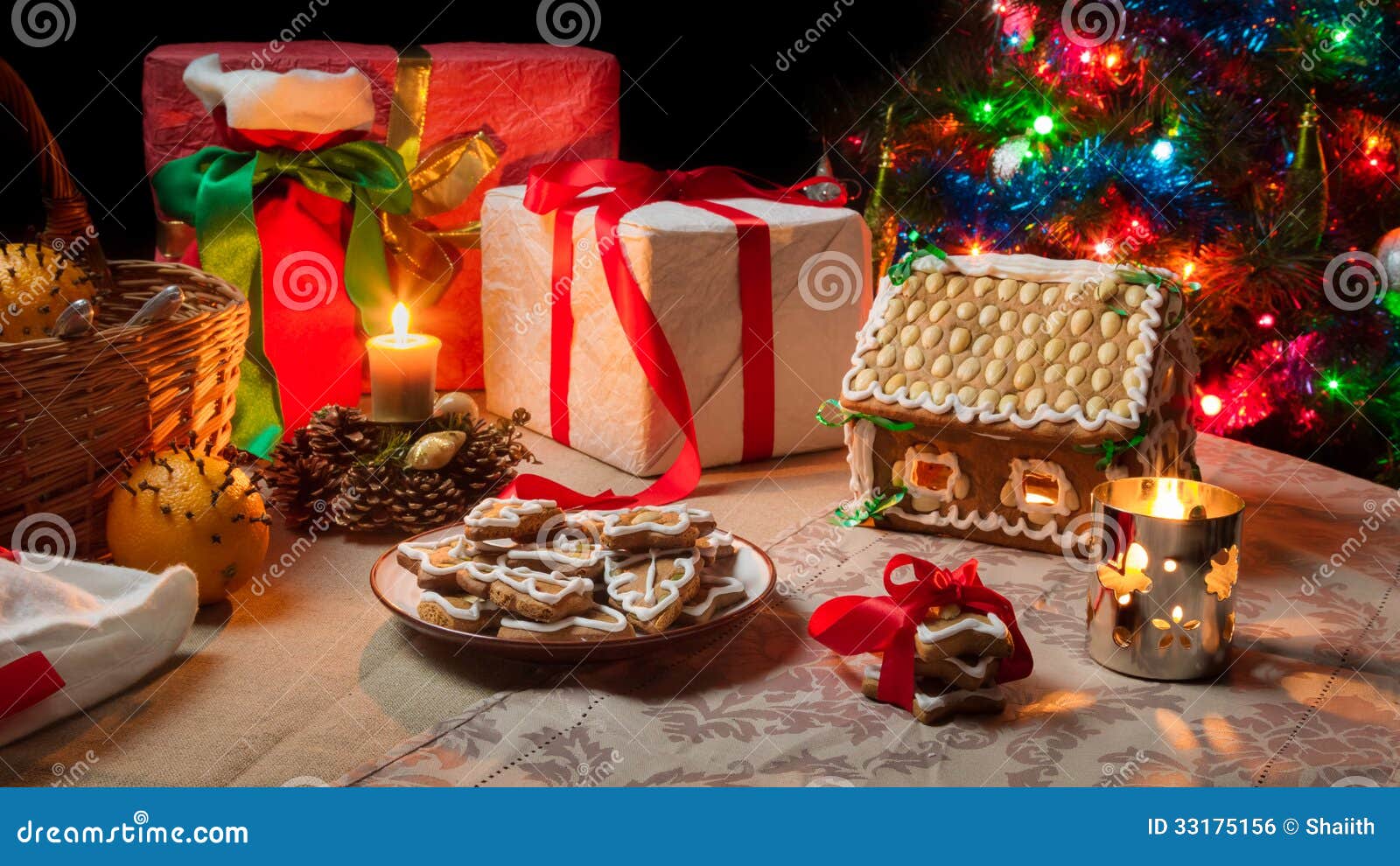 Table Set with Christmas Gifts Stock Photo Image of december, lights