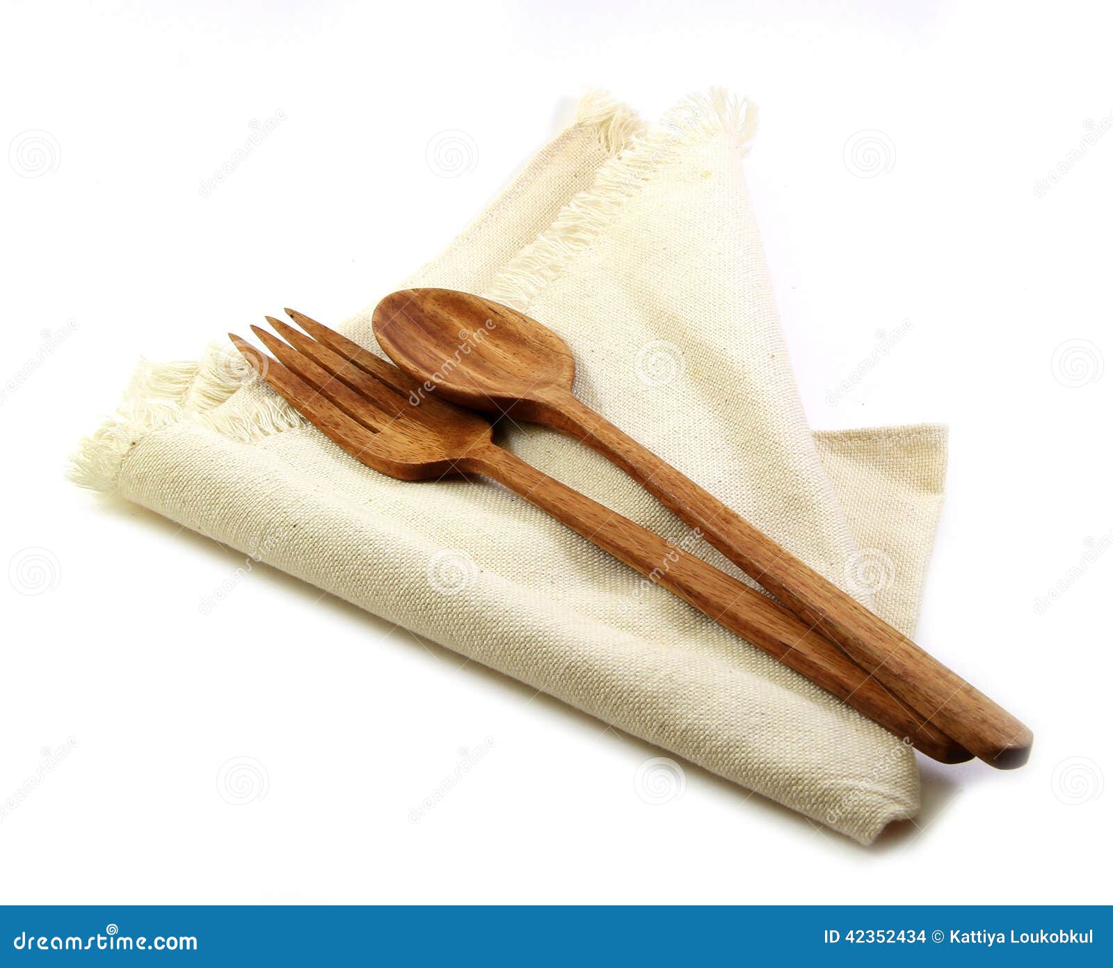 Table Set, Wood Fork And Spoon On Napkin Isolated On White Backg Stock 
