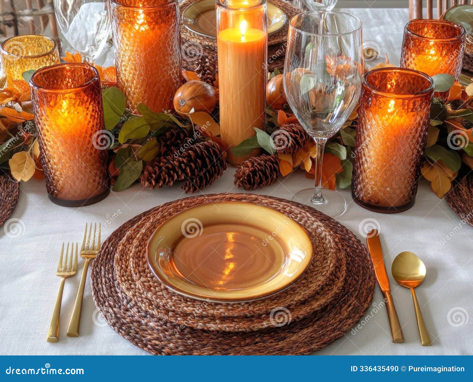 a table setting with candles, pine cones, and brown woven placemats