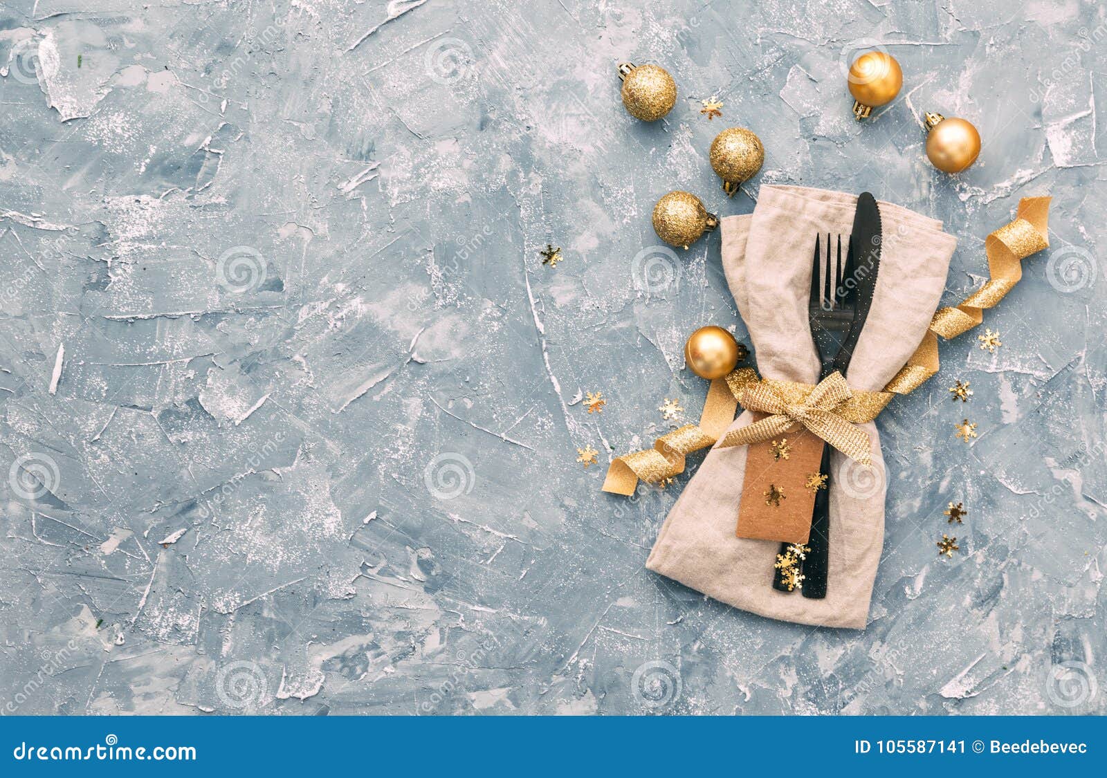 Table Setting with Gift Boxes and Holiday Decorations Top View. Stock