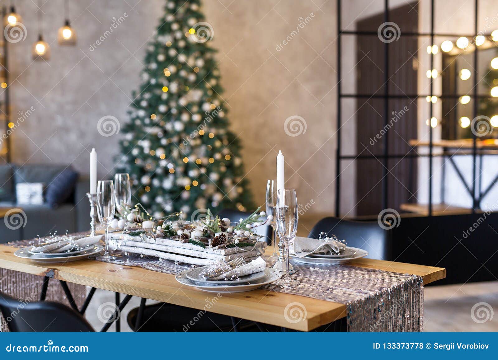 Table Setting With Holiday Decorations Preparation For