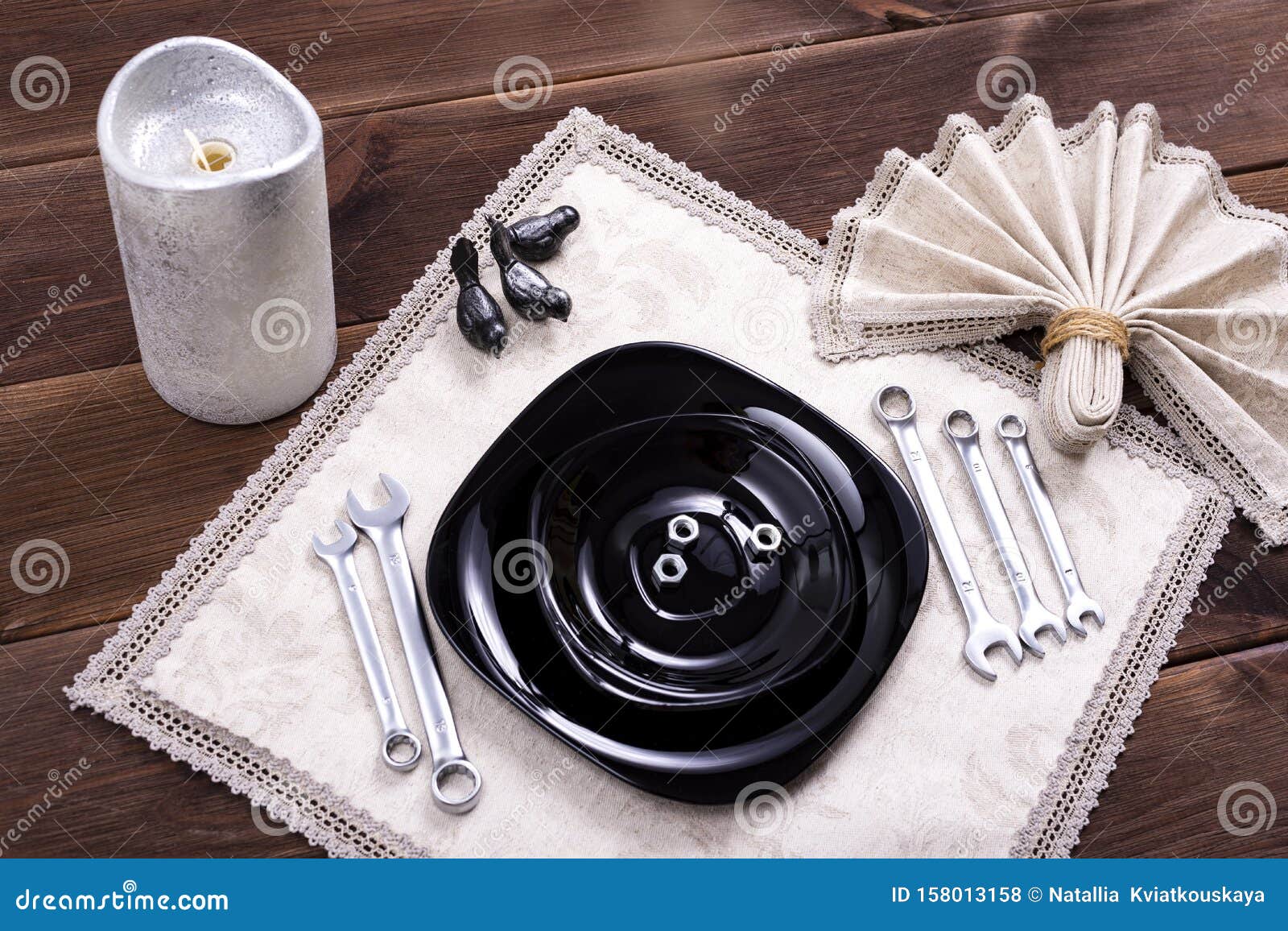Table Setting Made of Cutlery in the Form of Repair Tools, Wrenches