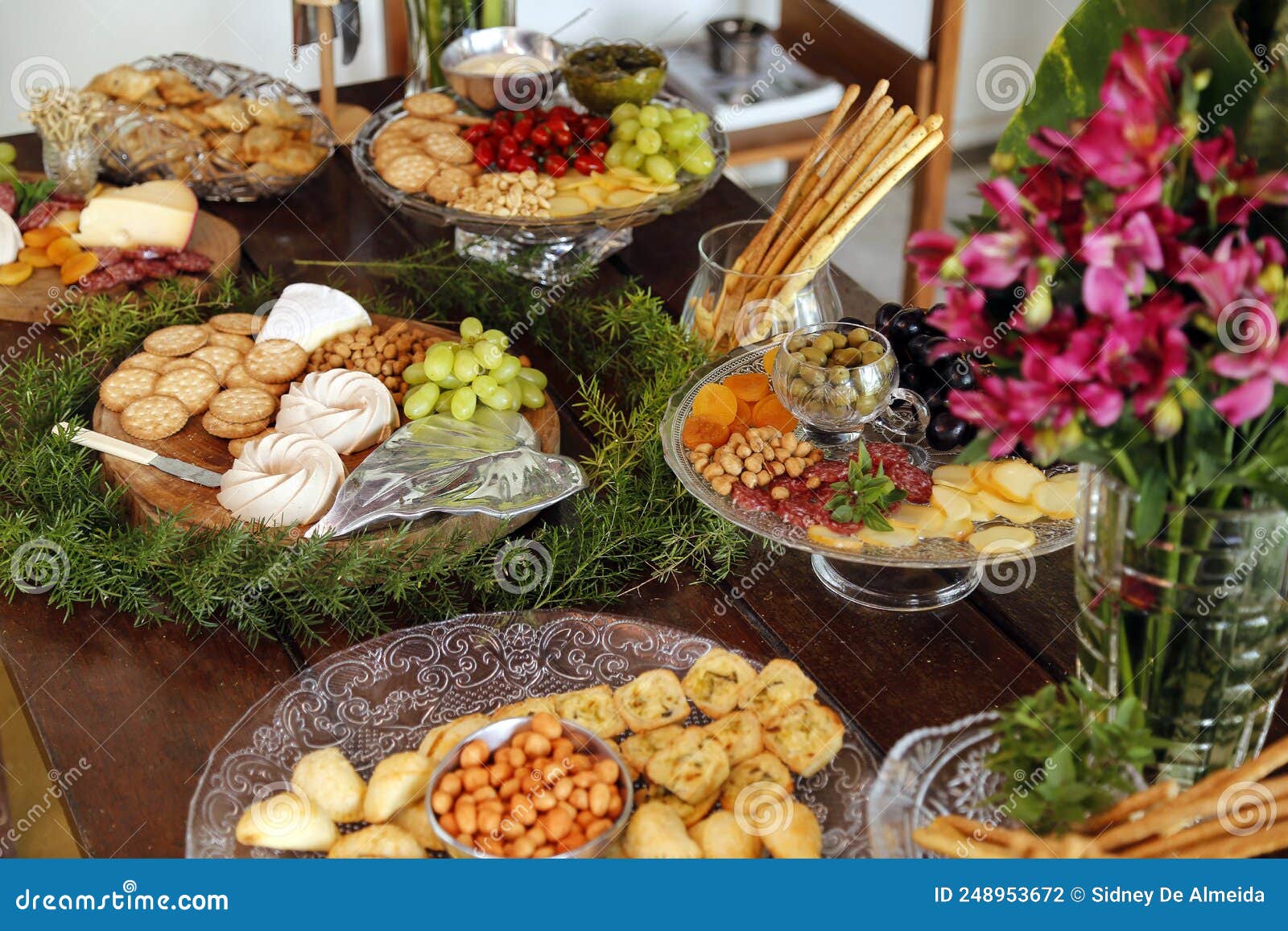 Table with Snacks Party Buffet with Various Savory Foods Stock Photo