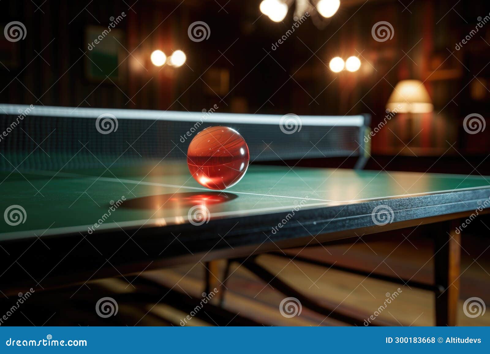 Table Tennis Ball Bouncing on the Table, with the Net in View Stock