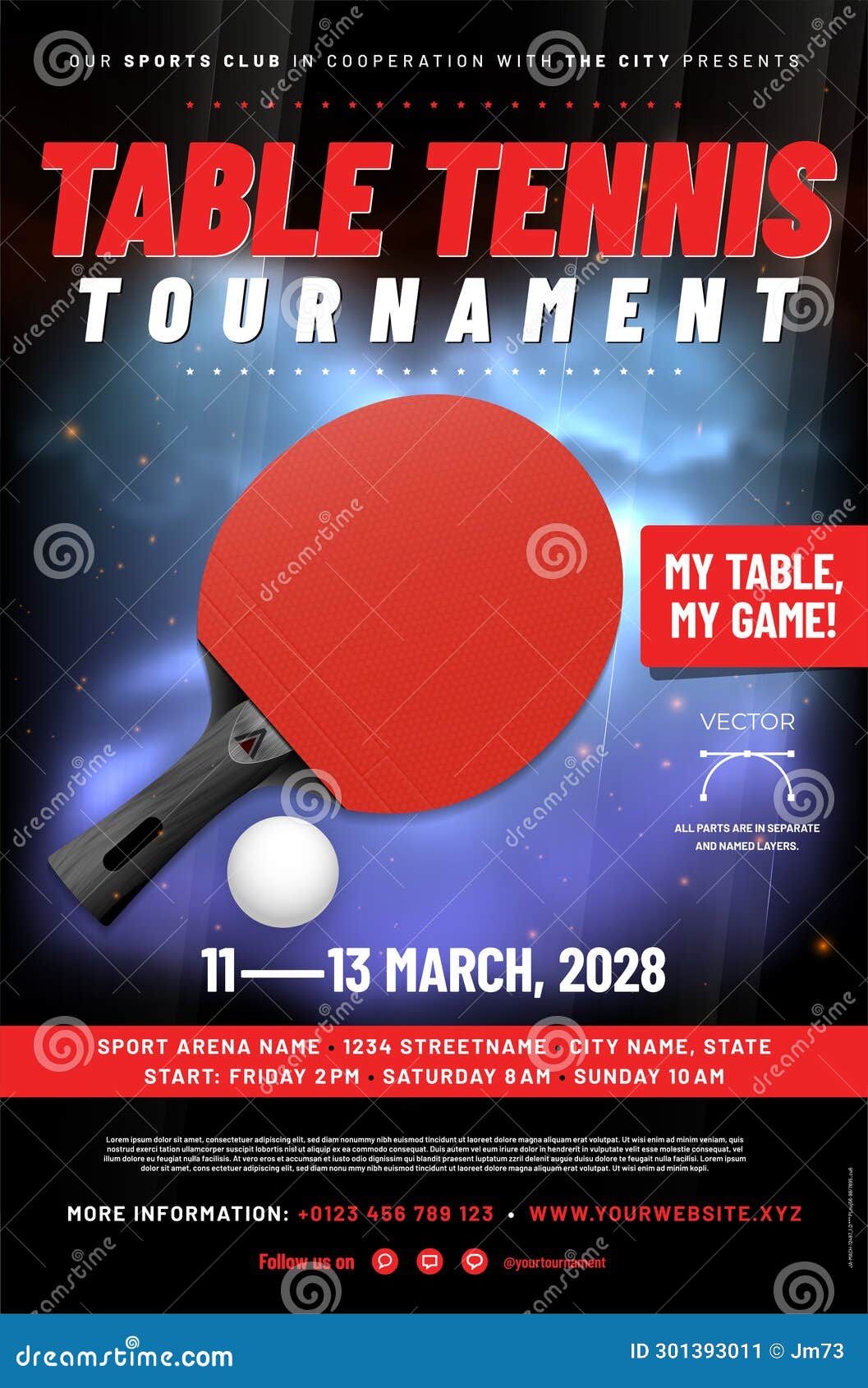 Table Tennis Tournament Poster Template with Racket, Ball and Sample
