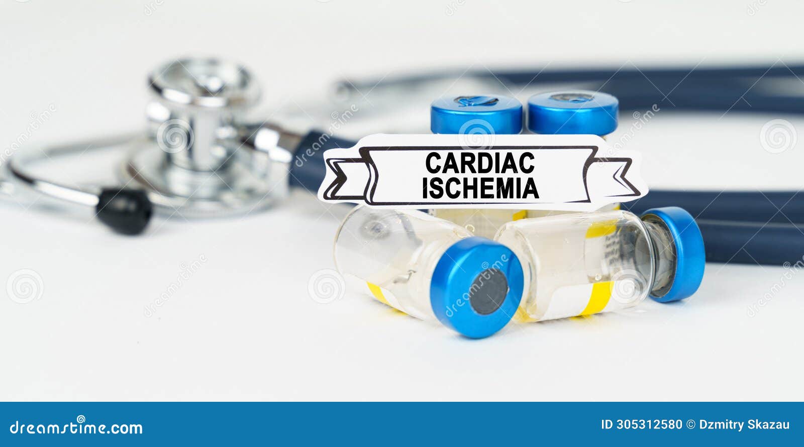 on the table there is a stethoscope, injections and a sign with the inscription - cardiac ischemia