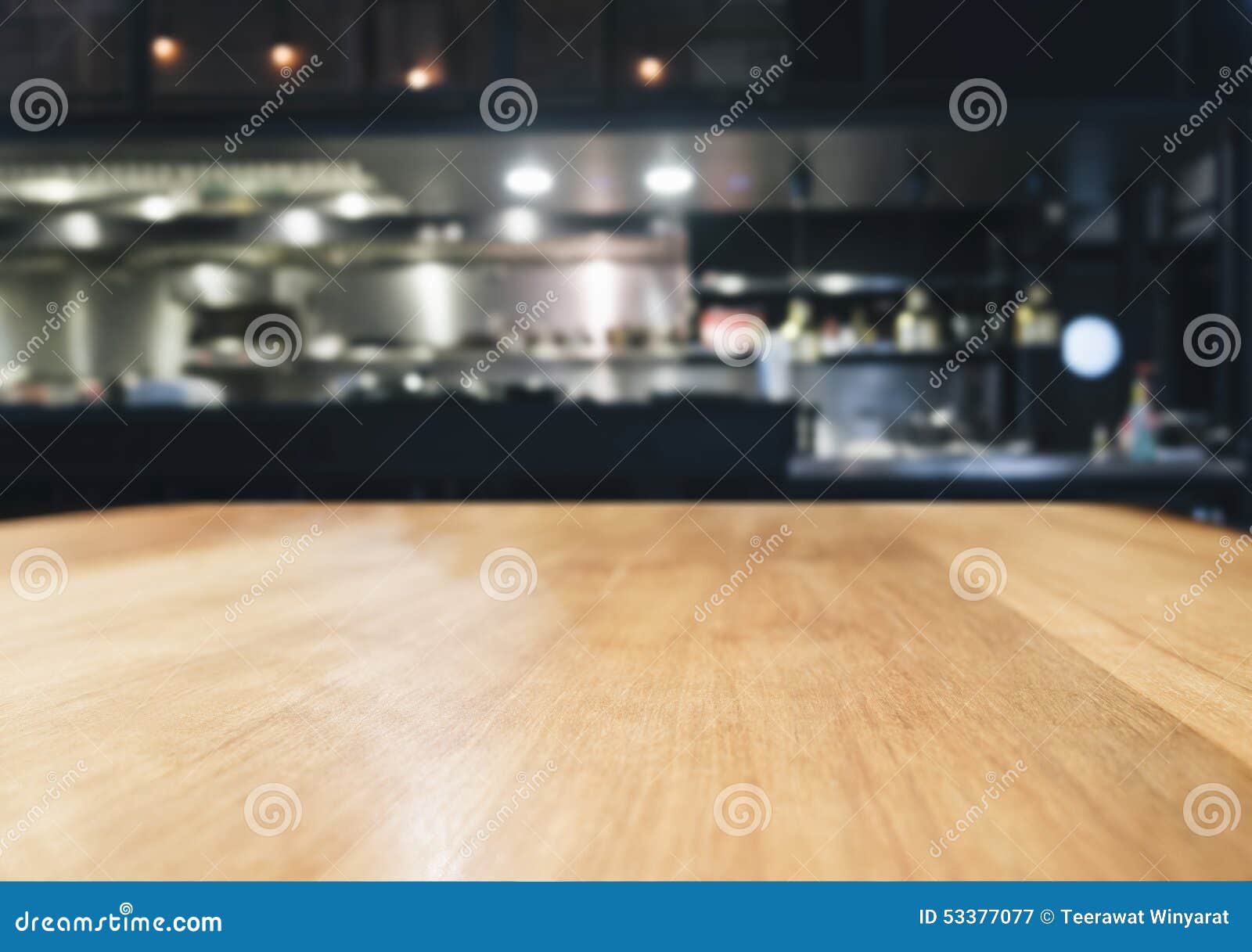 table top with blurred kitchen interior background