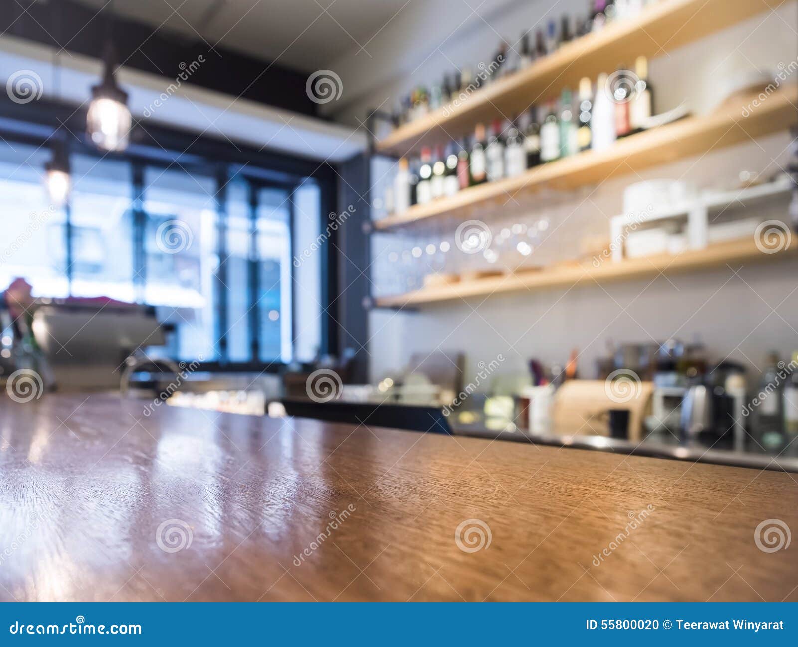 table top counter with kitchen shelf cafe bar background