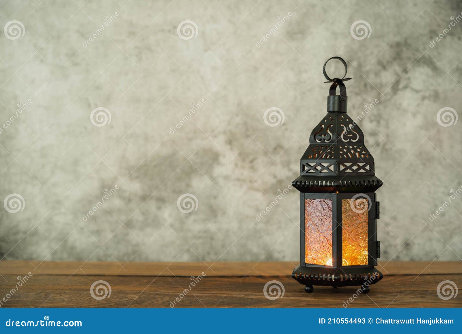 On Table Top Image of Decorations Ramadan Kareem Holiday Background.Close  Up Arabic Lantern Metal on Brown Wooden Stock Image - Image of gourmet,  holy: 210554493