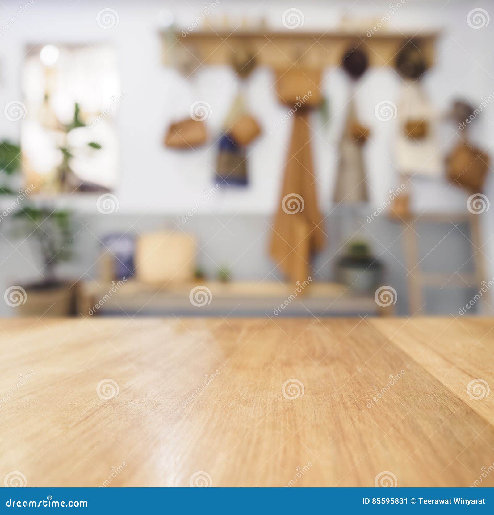 table top wooden counter blurred kitchen background