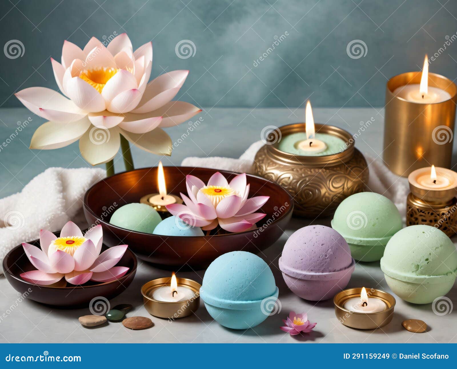 A Table Topped with Candles, Bath Bombs, and Bath Bombs. Generative AI