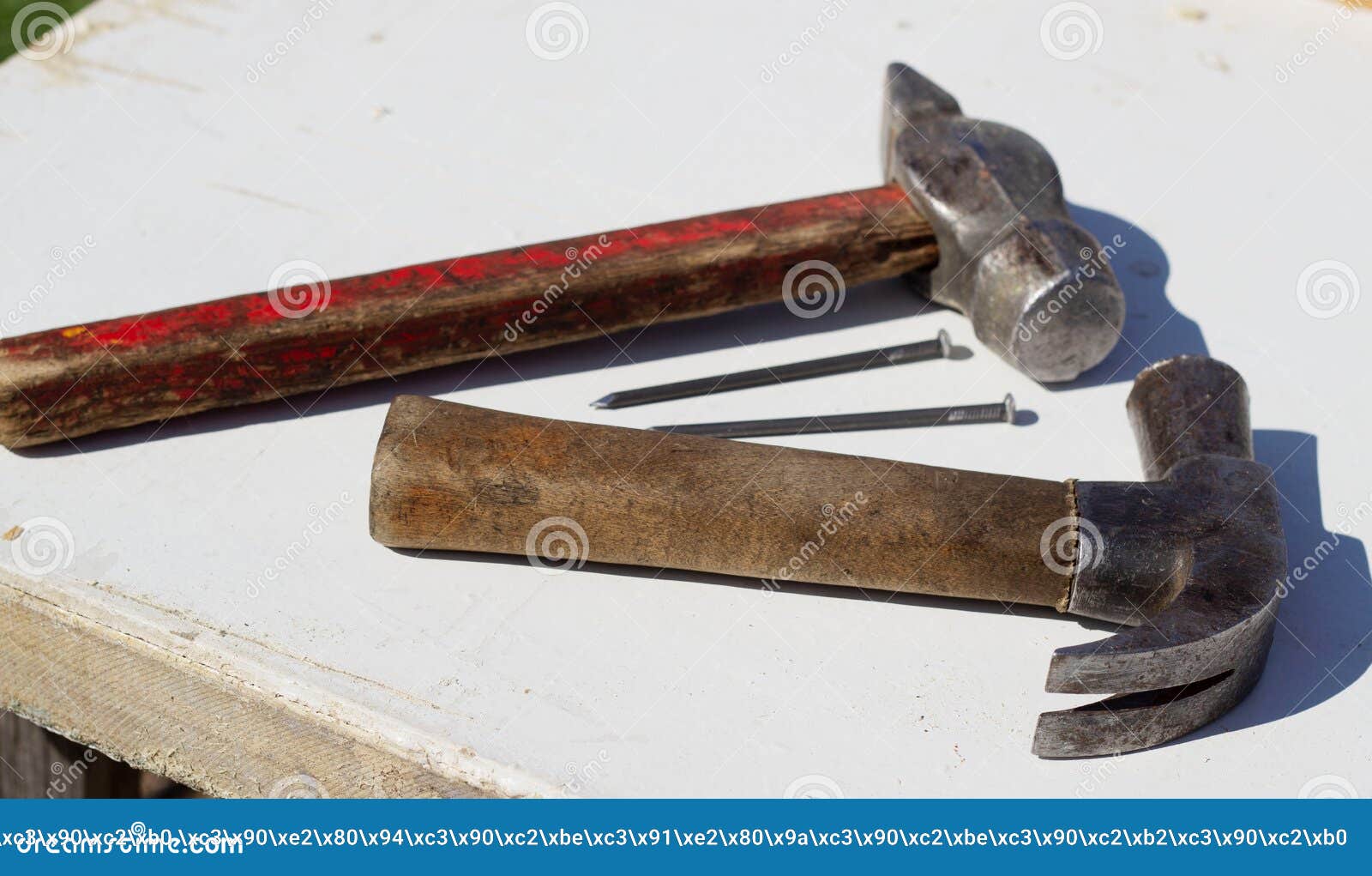 On the Table are Two Hammers and Nails for Construction Work Stock