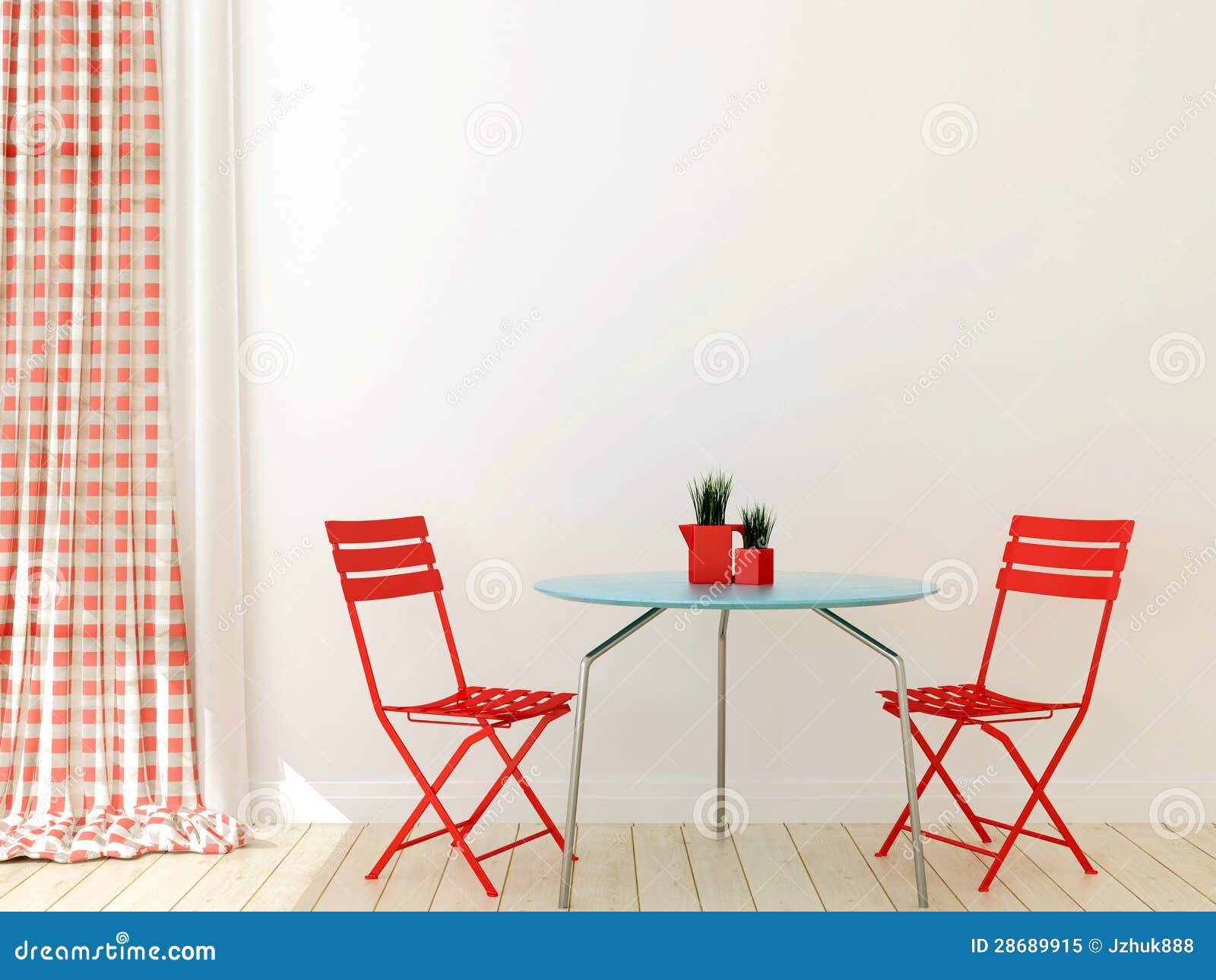 table with two red chairs