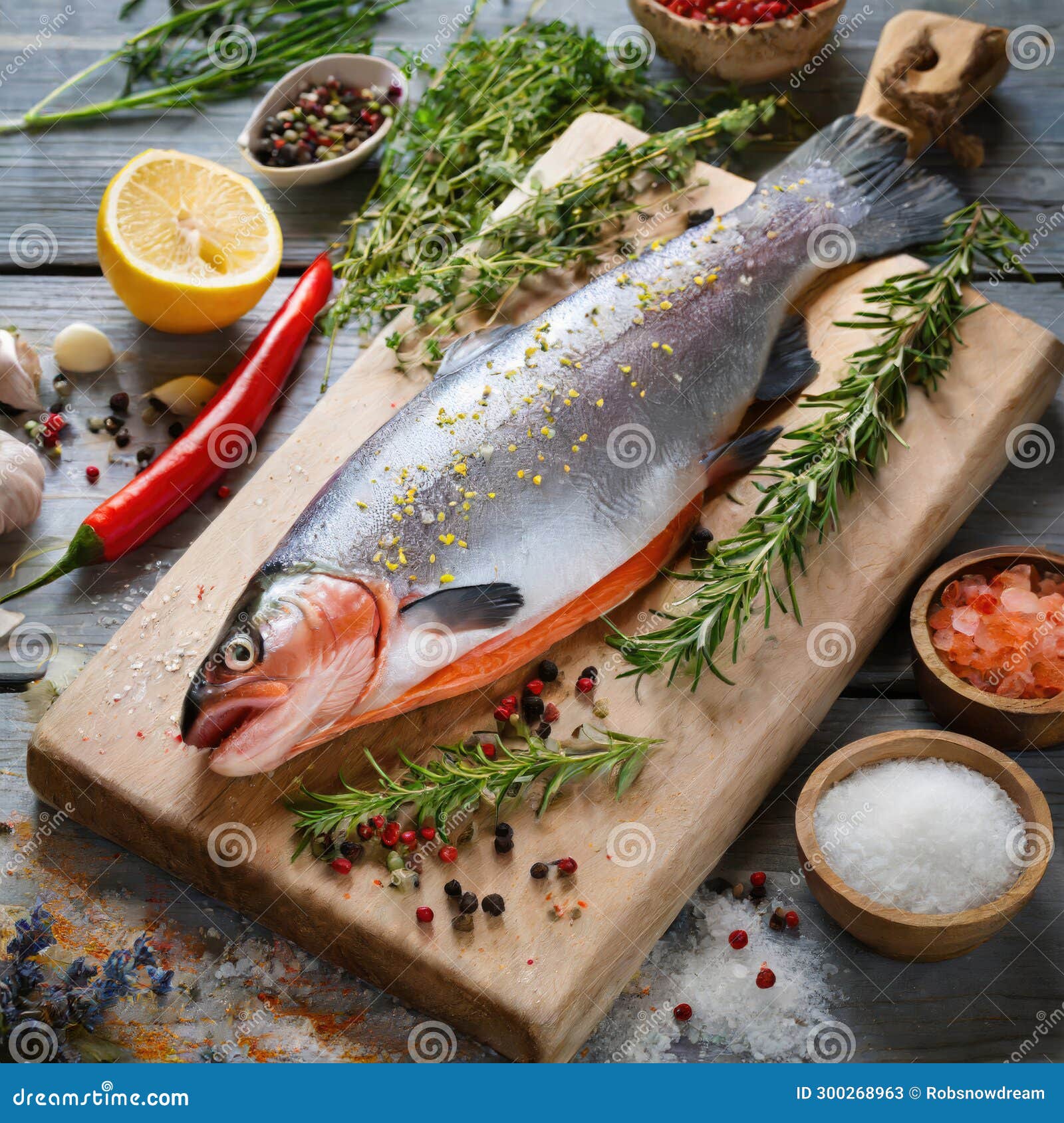 a selection of fresh fish: salmon, sitting on a chopping board against blurred kitchen background copy space