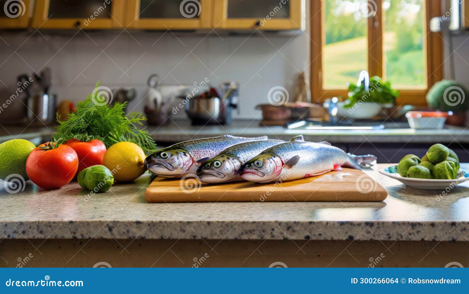 a selection of fresh fish: trout, sitting on a chopping board against blurred kitchen background copy space