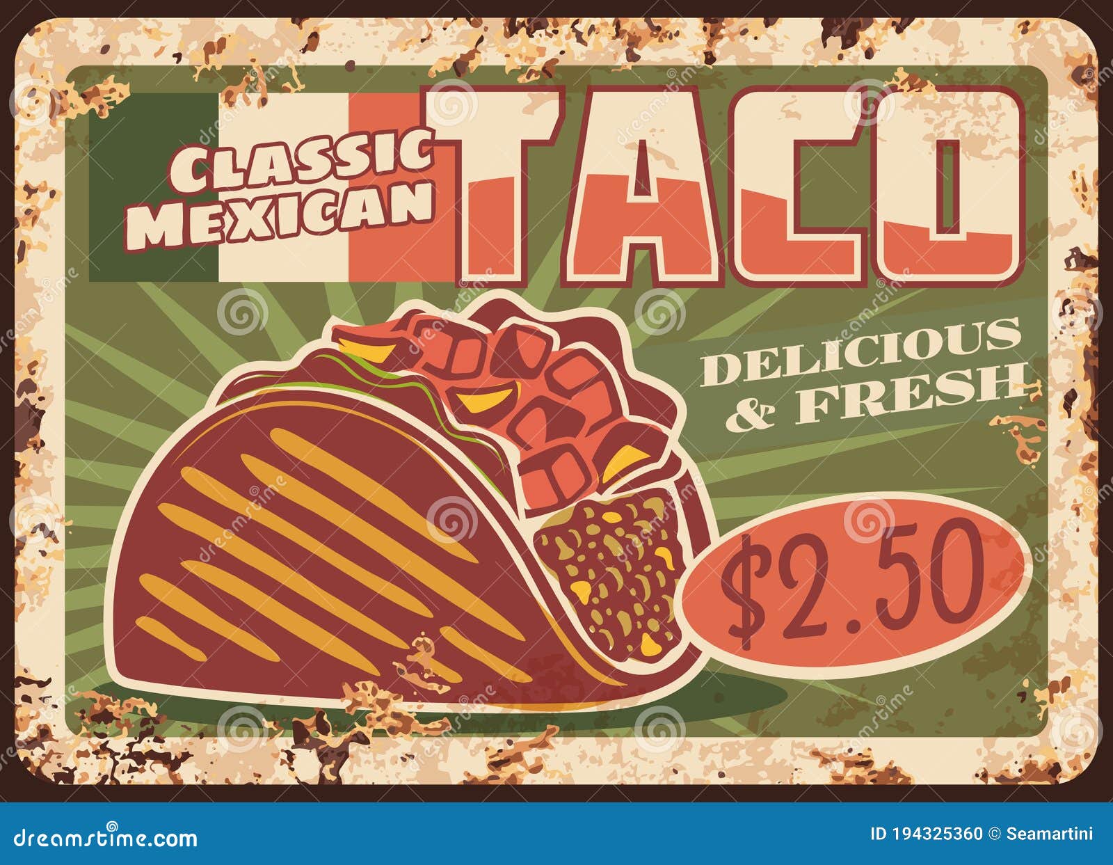 Tablero De Anuncios De Metal Oxidado De Rápida Taco Mexicano Ilustración del - Ilustración de restaurante, muestra: