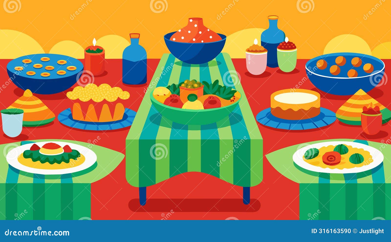 tables adorned with colorful tablecloths and an array of dishes representing the diverse backgrounds of the community