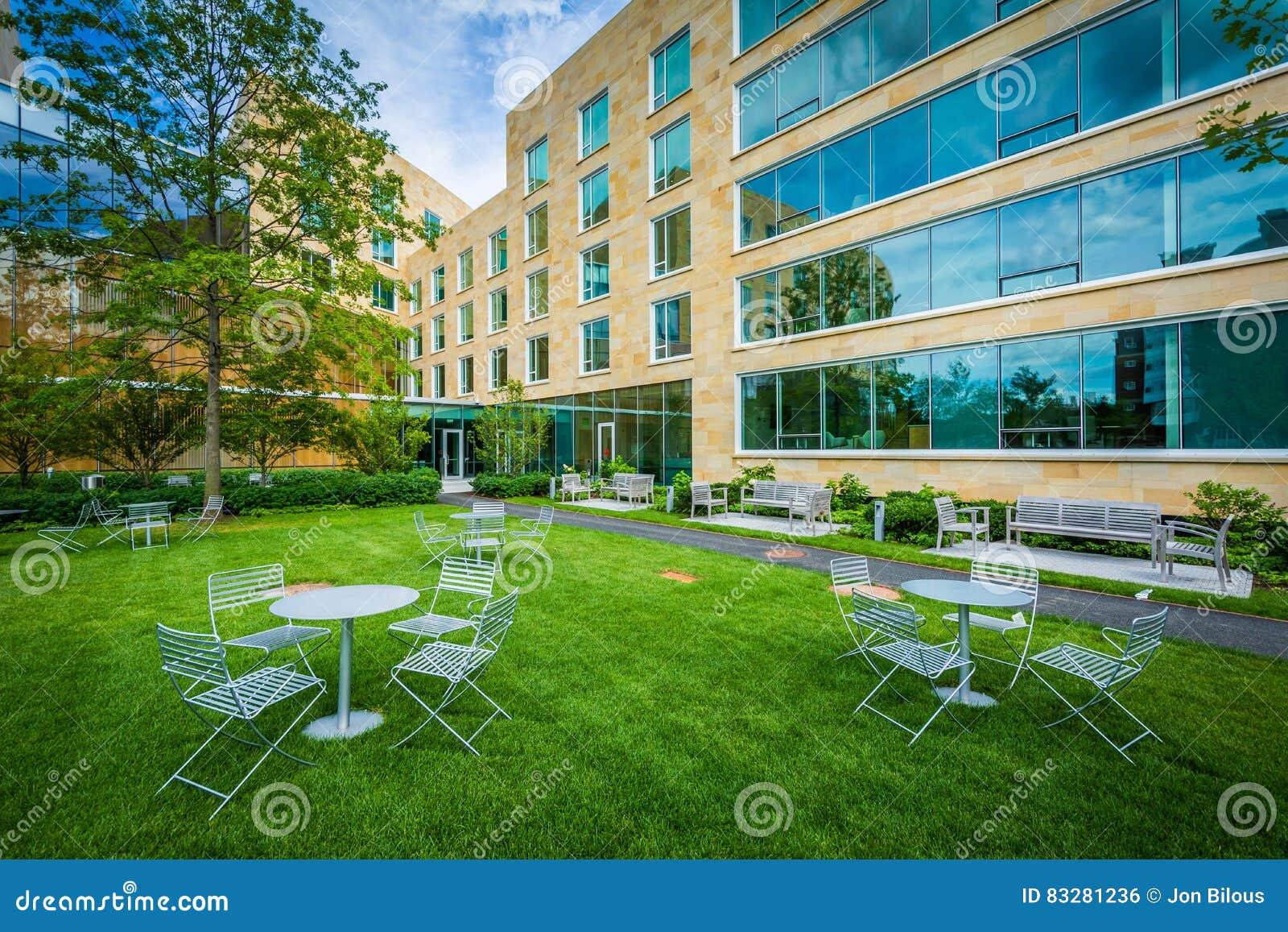 Tables And Chairs And Tata Hall At Harvard Business School In