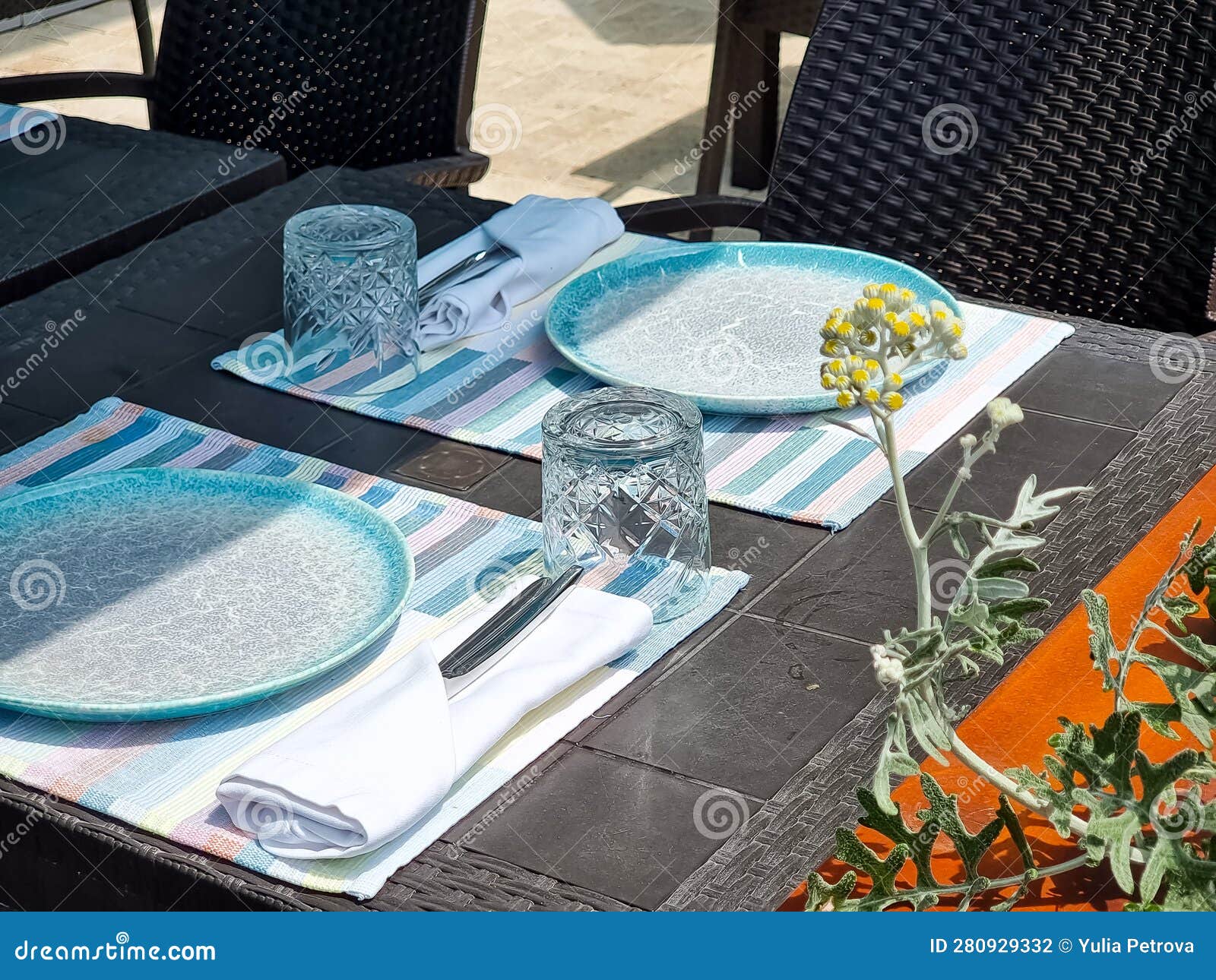 Tables with White Tablecloth and Chairs in Restaurant, Glasses on Table