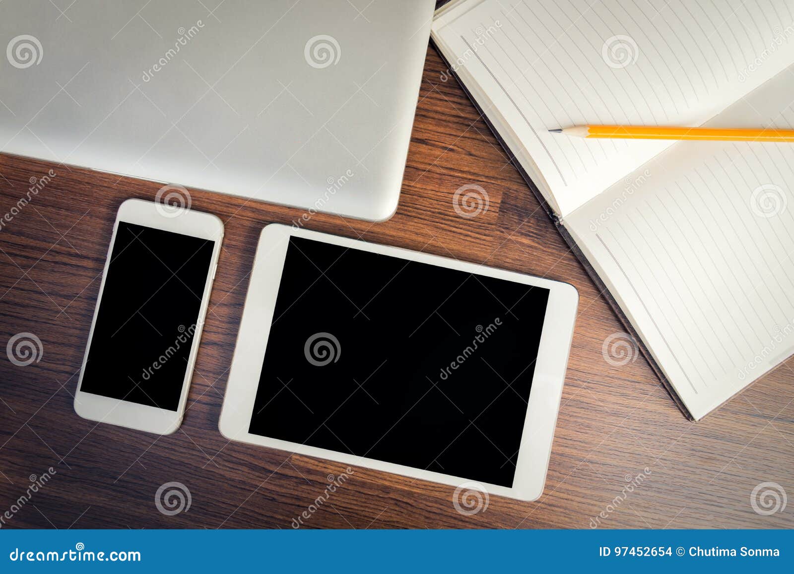 Tablet Black Screen on Wood Desk Stock Photo Image of tablet, device