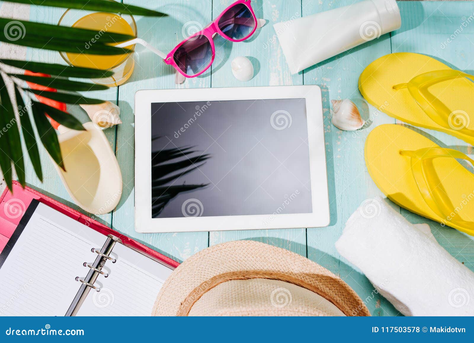 Tablet Computer with Blank Screen on Beach Sand with Beach Items Stock ...