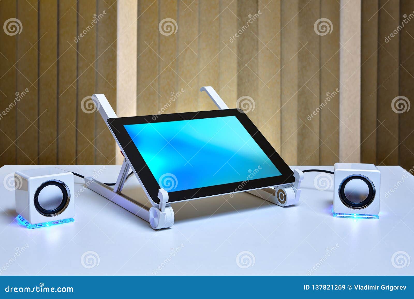 Tablet PC is Connected To Small External Speakers Stock Image Image