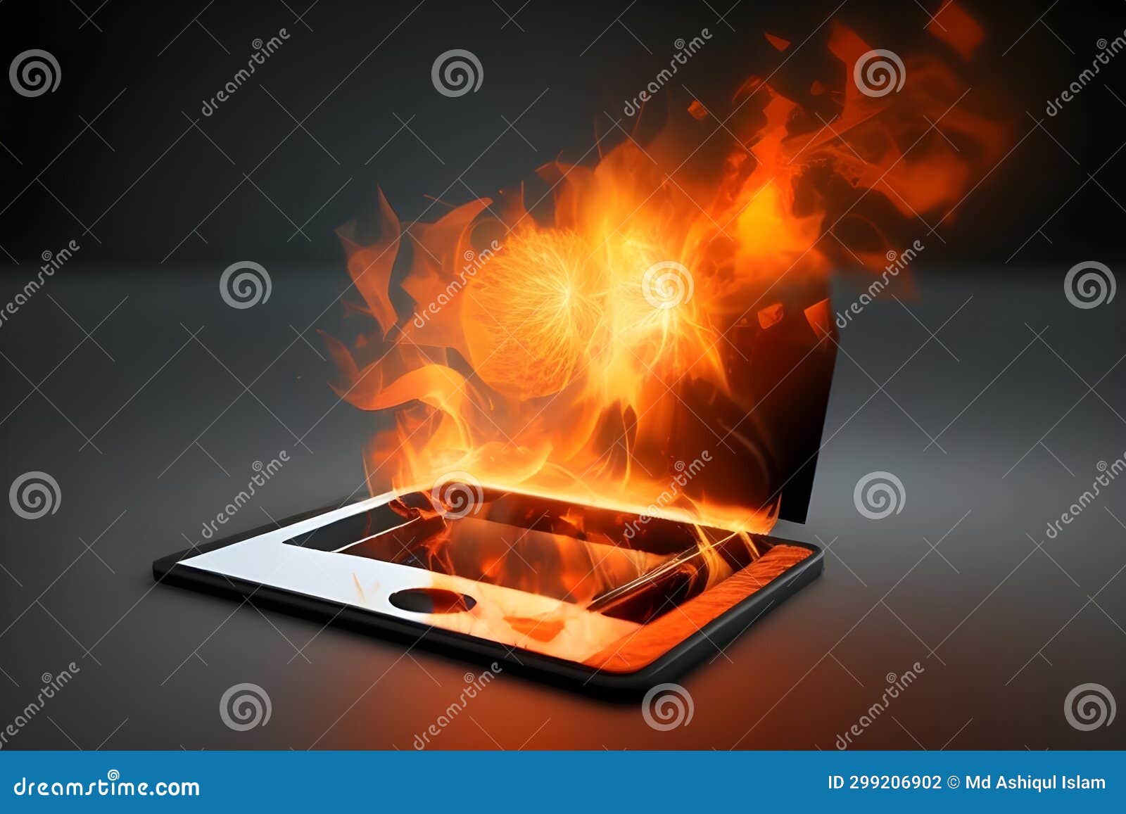 Tablet Computer with Fire and Orange on the Screen. 3d Illustration