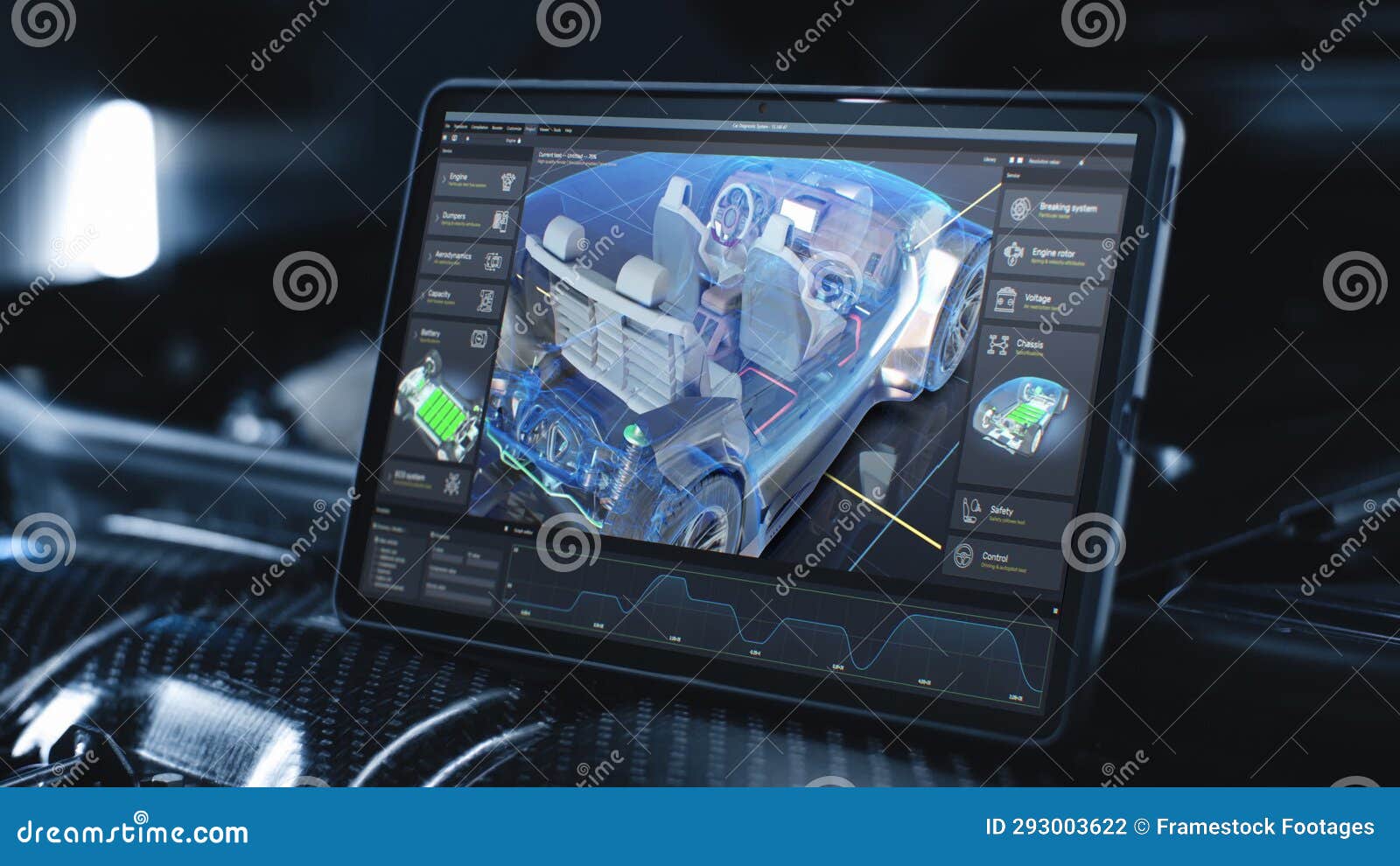 Tablet Computer Screen Shows 3D Visualization of Car Diagnostics