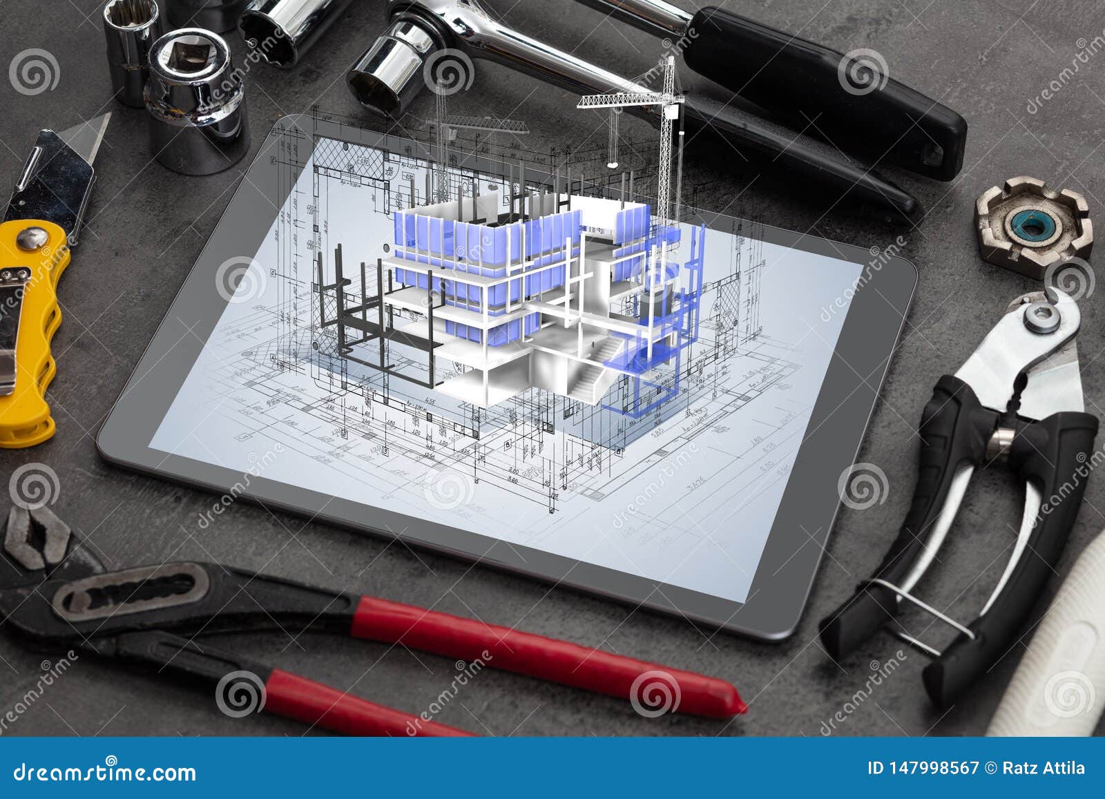 Tablet and Tools with 3d House Plan Concept Stock Image Image of