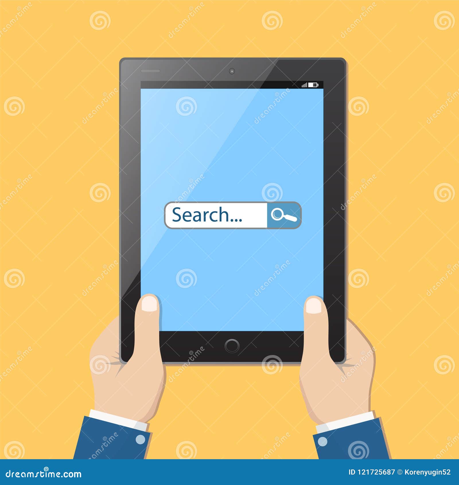 Tablet in the Hands and Search on Tablet Screen, Stock Vector Il Stock