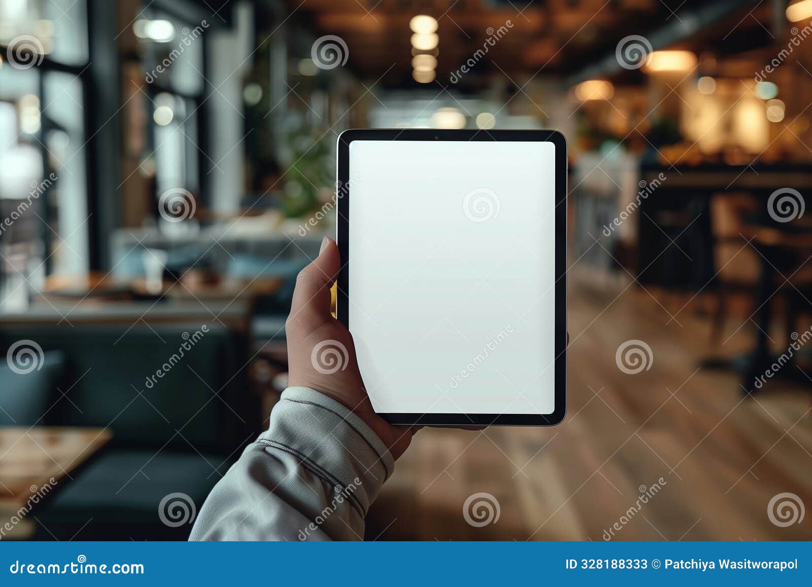 a tablet held in manÃ¢â¬â¢s hand, with the screen facing the viewer and displaying a blank white screen