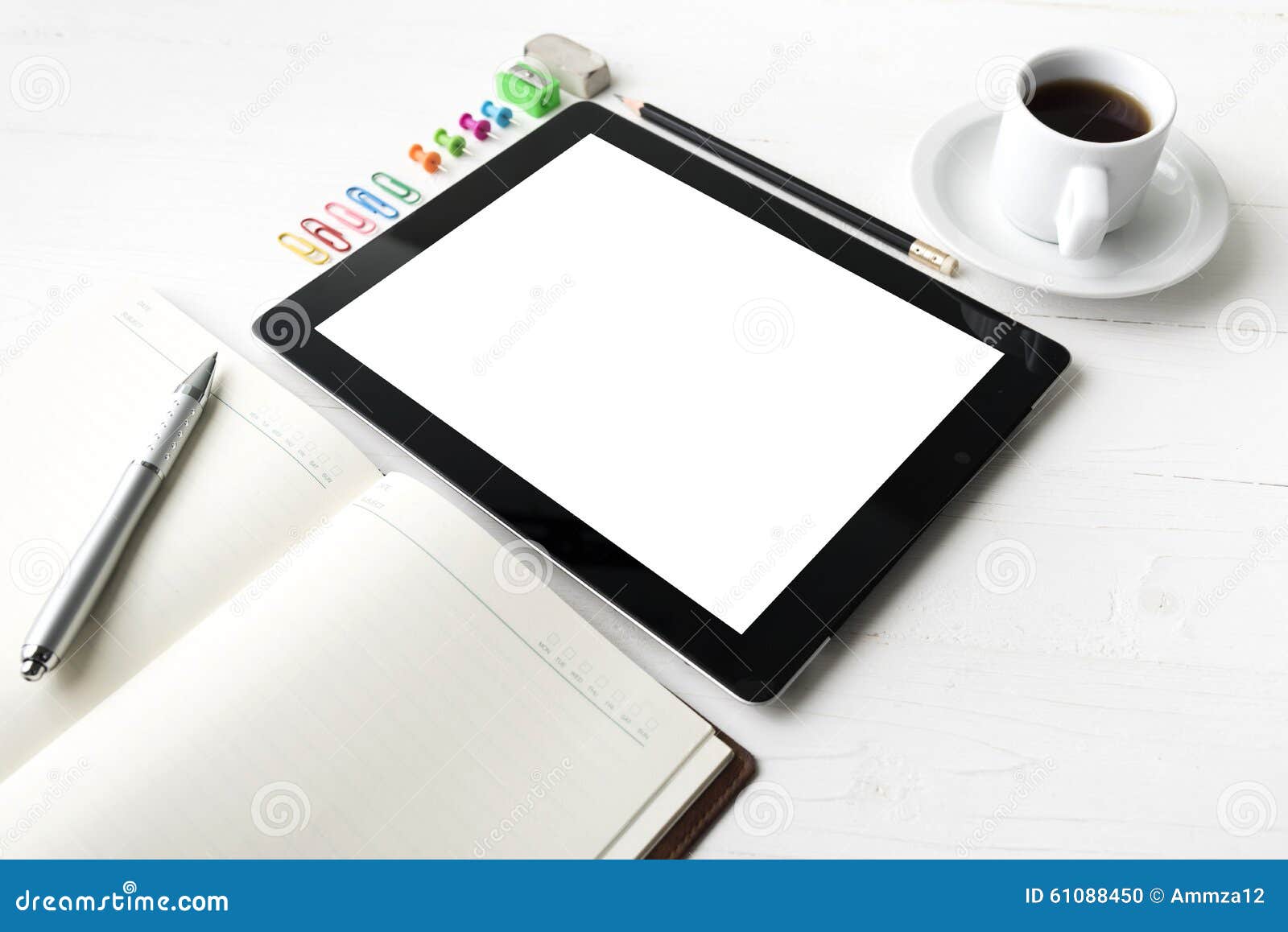 Tablet with Office Supplies Stock Photo Image of tablet, coffee 61088450