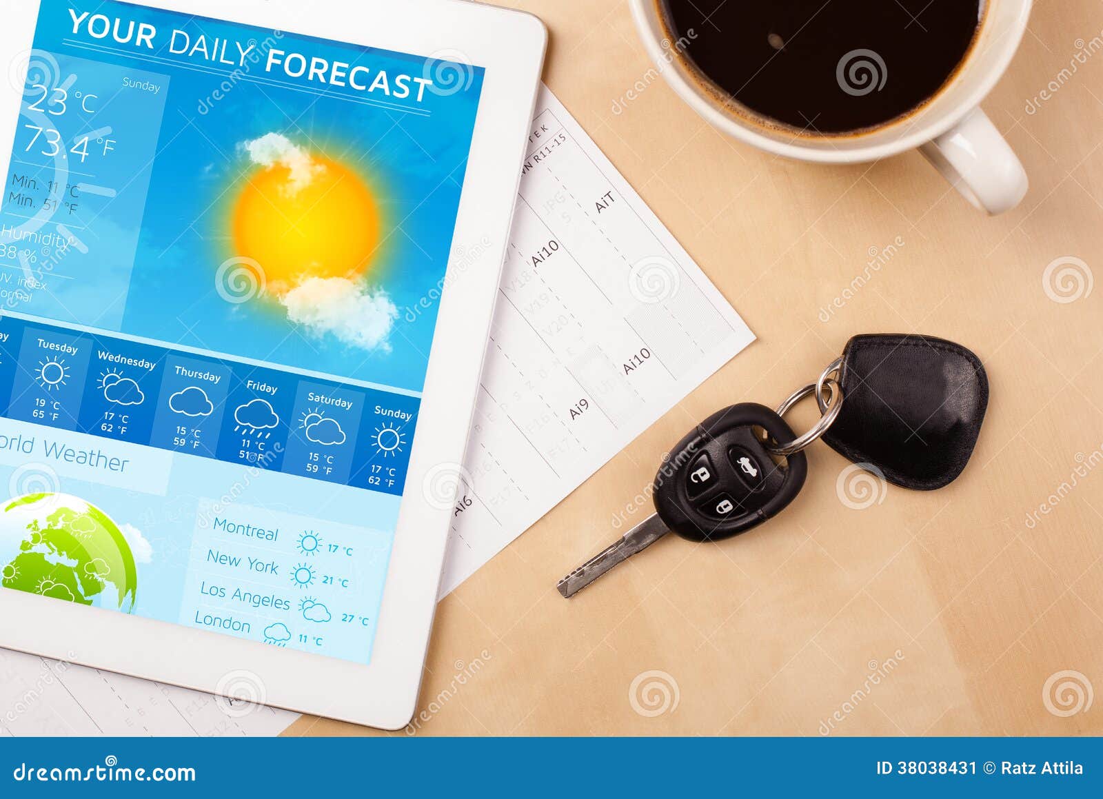 tablet pc showing weather forecast on screen with a cup of coffee on a desk