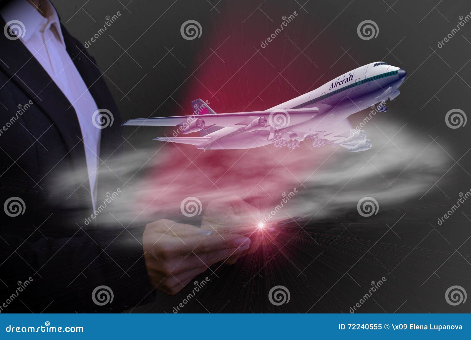 With Tablet Plane Takes Off, Concept of Hightech Aviation Stock Image