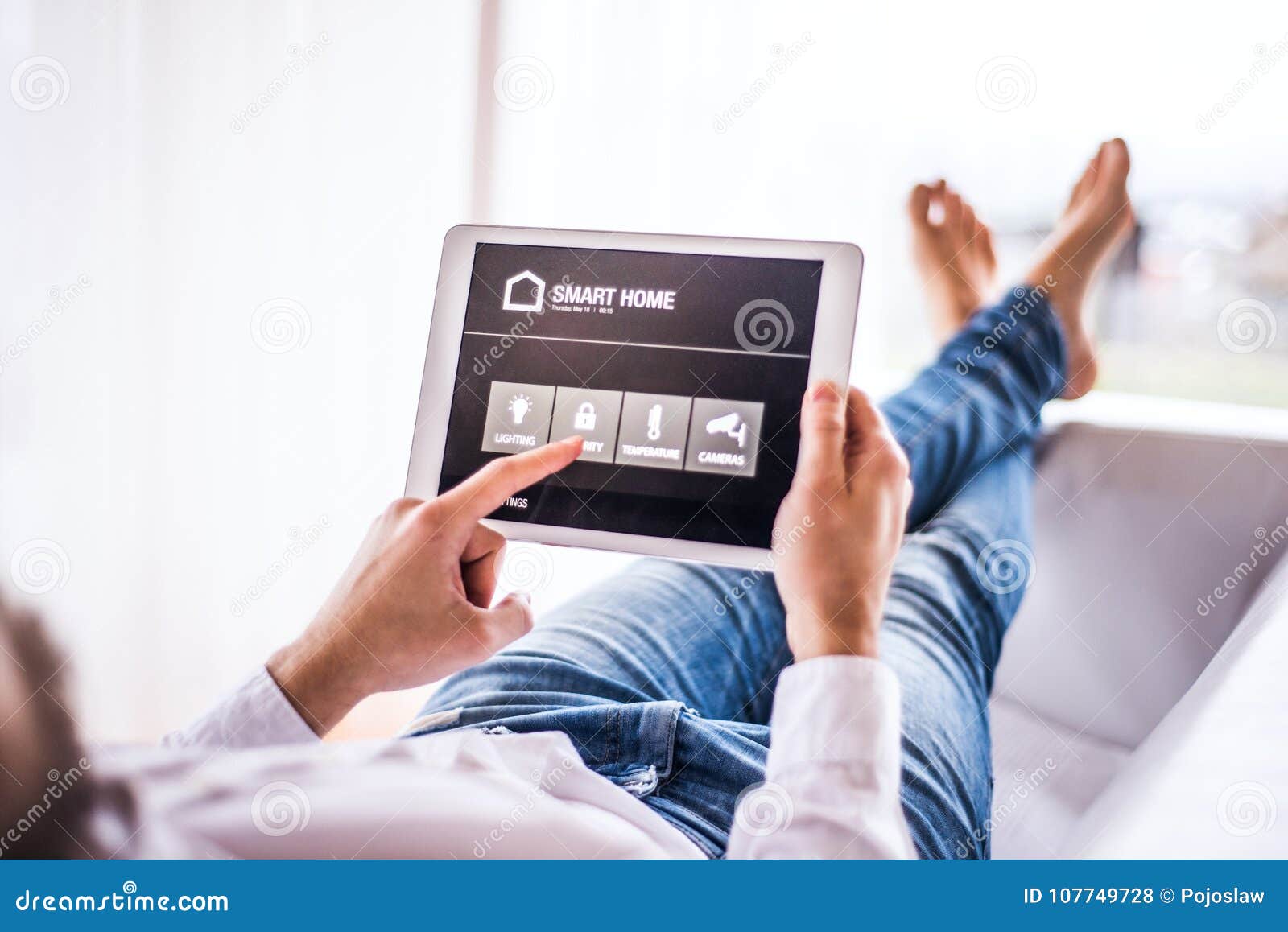 A Tablet with Smart Home Screen. Stock Photo Image of automated, home 107749728