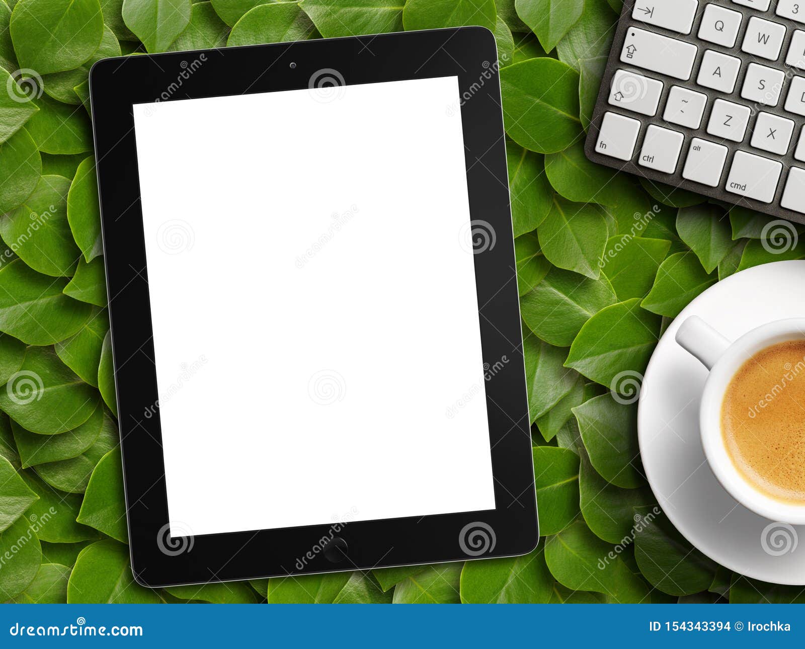 Tablet White Screen Similar To Ipad Display and Coffee Stock Photo