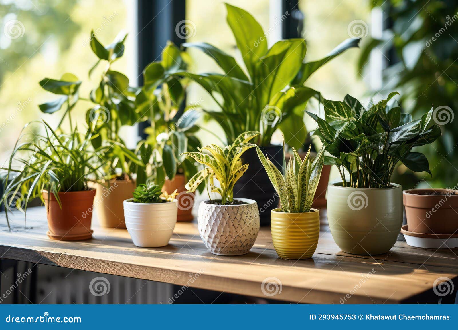 Tabletop Greenery, Small Potted Plants Perched on a Table, Bringing a