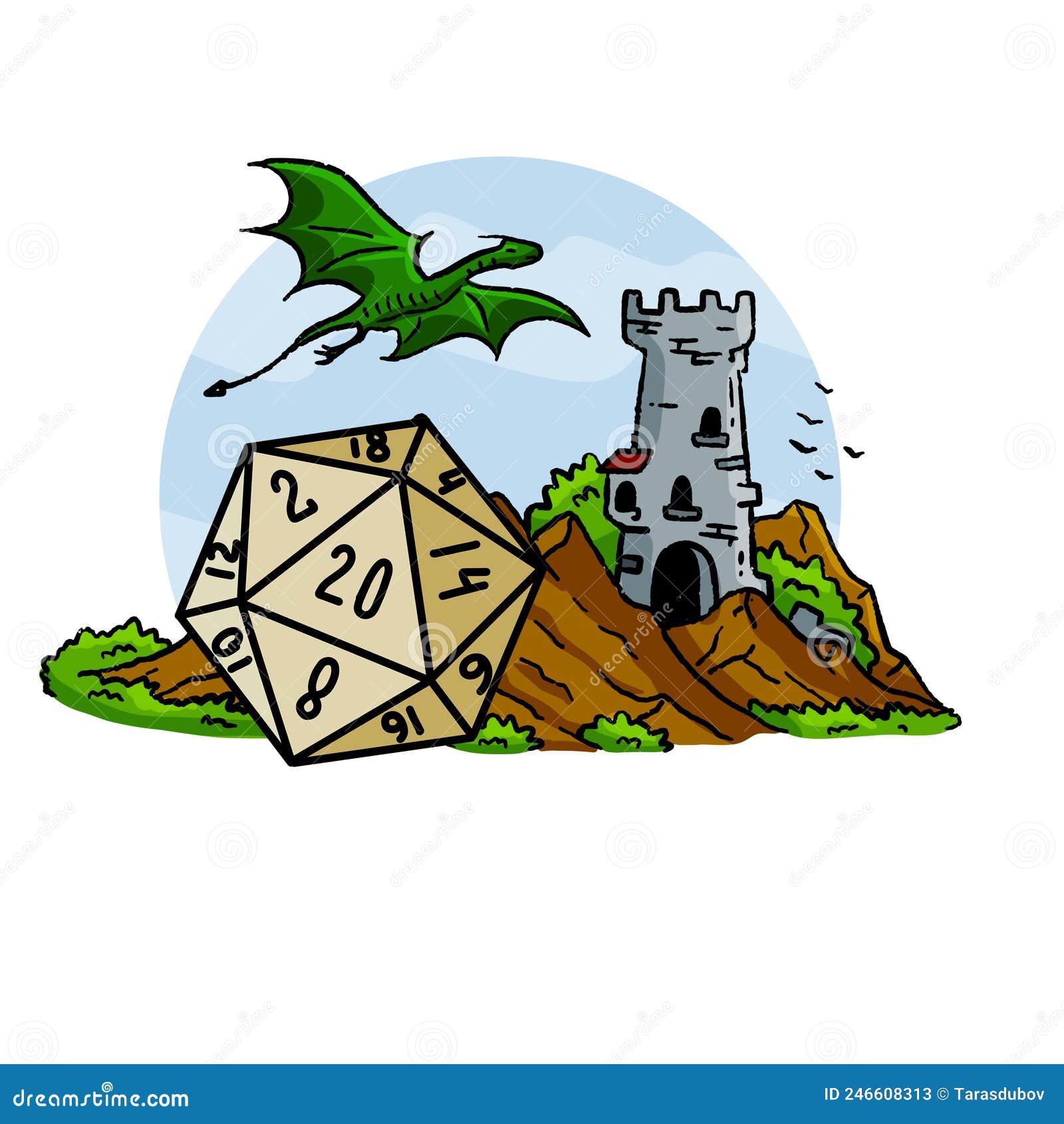 tabletop rpg game with 20d dice. castle fort with tower.