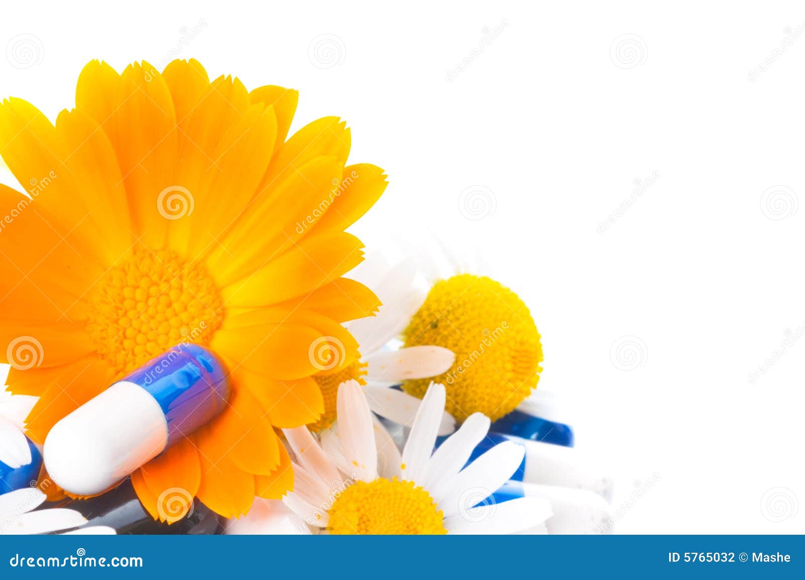 Tablets and flowers. stock photo. Image of medicine, relief 5765032