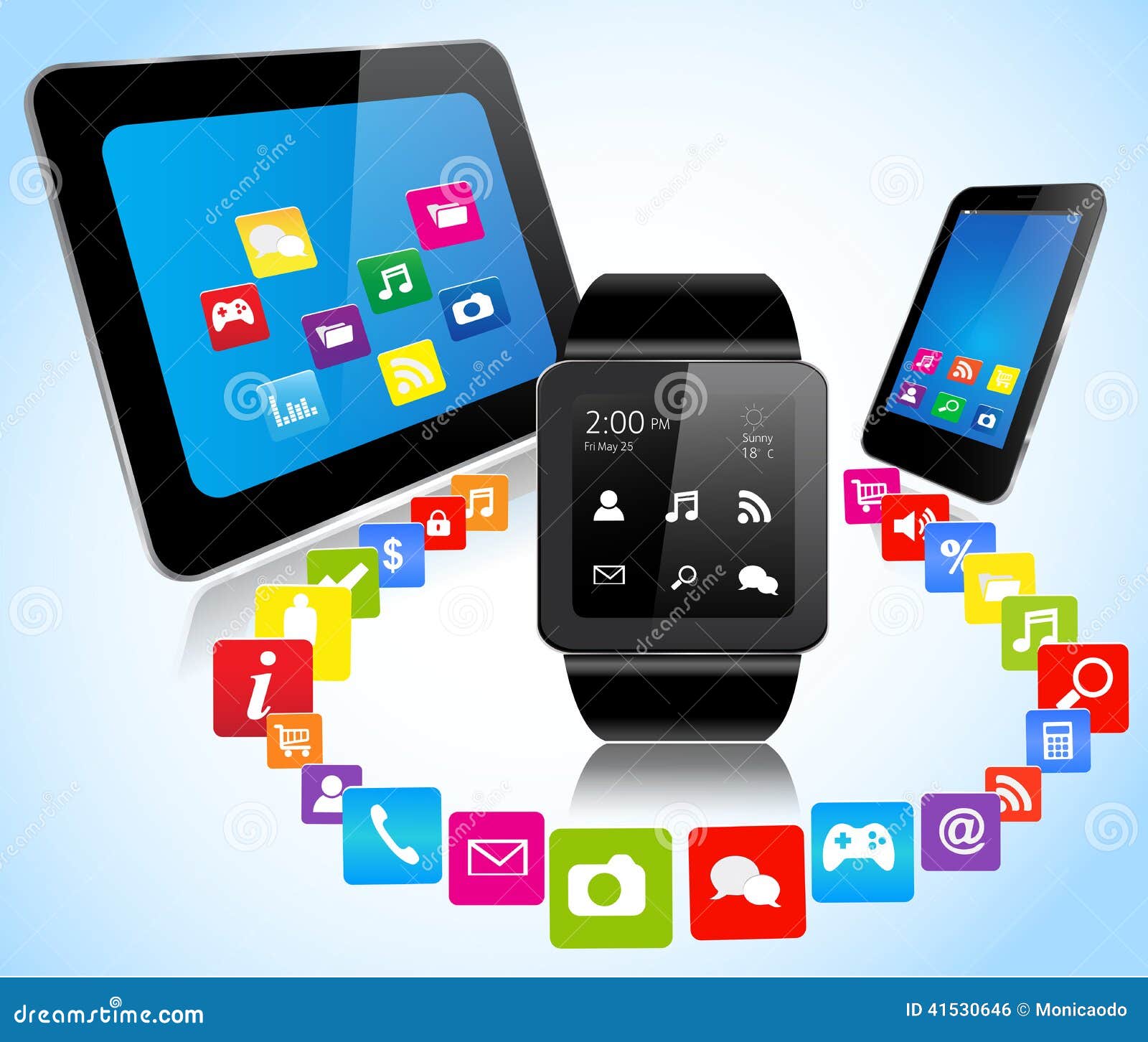 Tabuleta e apps do smartphone de Smartwatch. Tabuleta do telefone de Smartwatch e conexões espertas dos apps