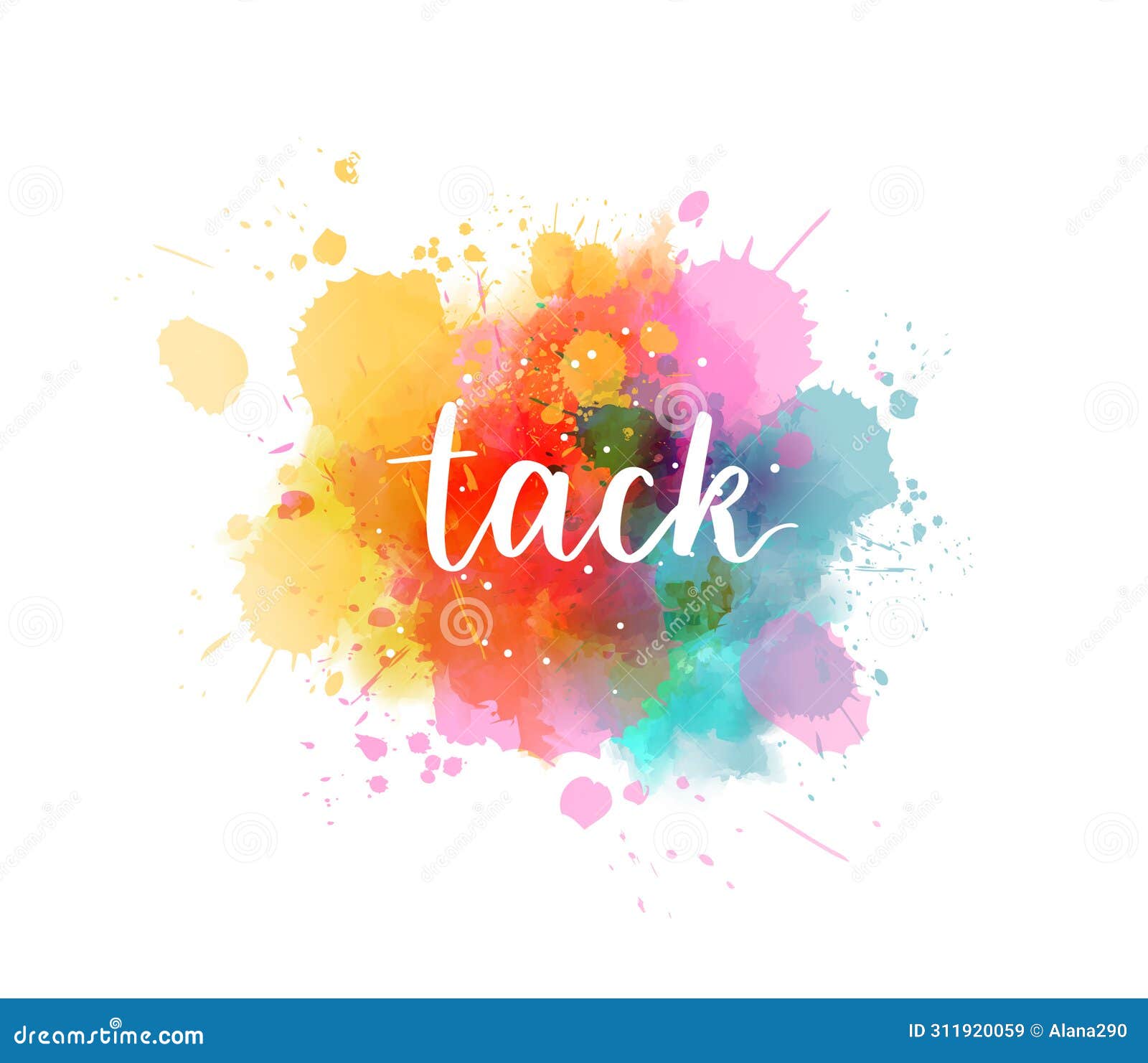 tack - thank you in swedish. handwritten modern calligraphy watercolor lettering text. colorful handlettering on watercolor paint