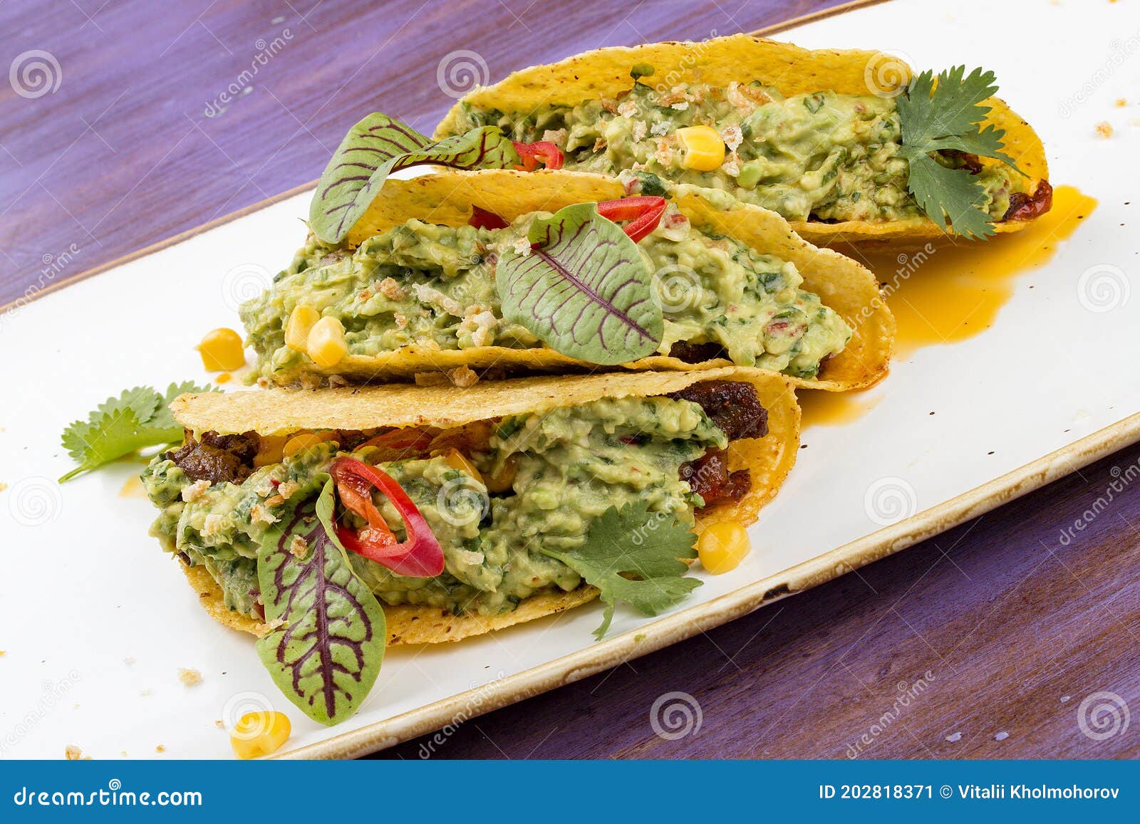 Taco. Corn Tortilla with Beef and Guacamole with Spices Stock Image Image of authentic