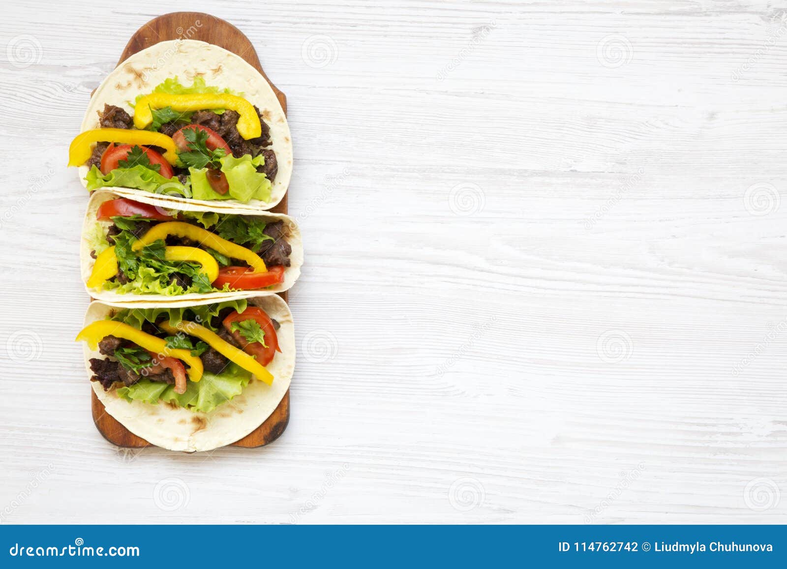 Tacos with Pork and Vegetables. Mexican Kitchen. White Wooden Background  Stock Photo - Image of meal, food: 114762742