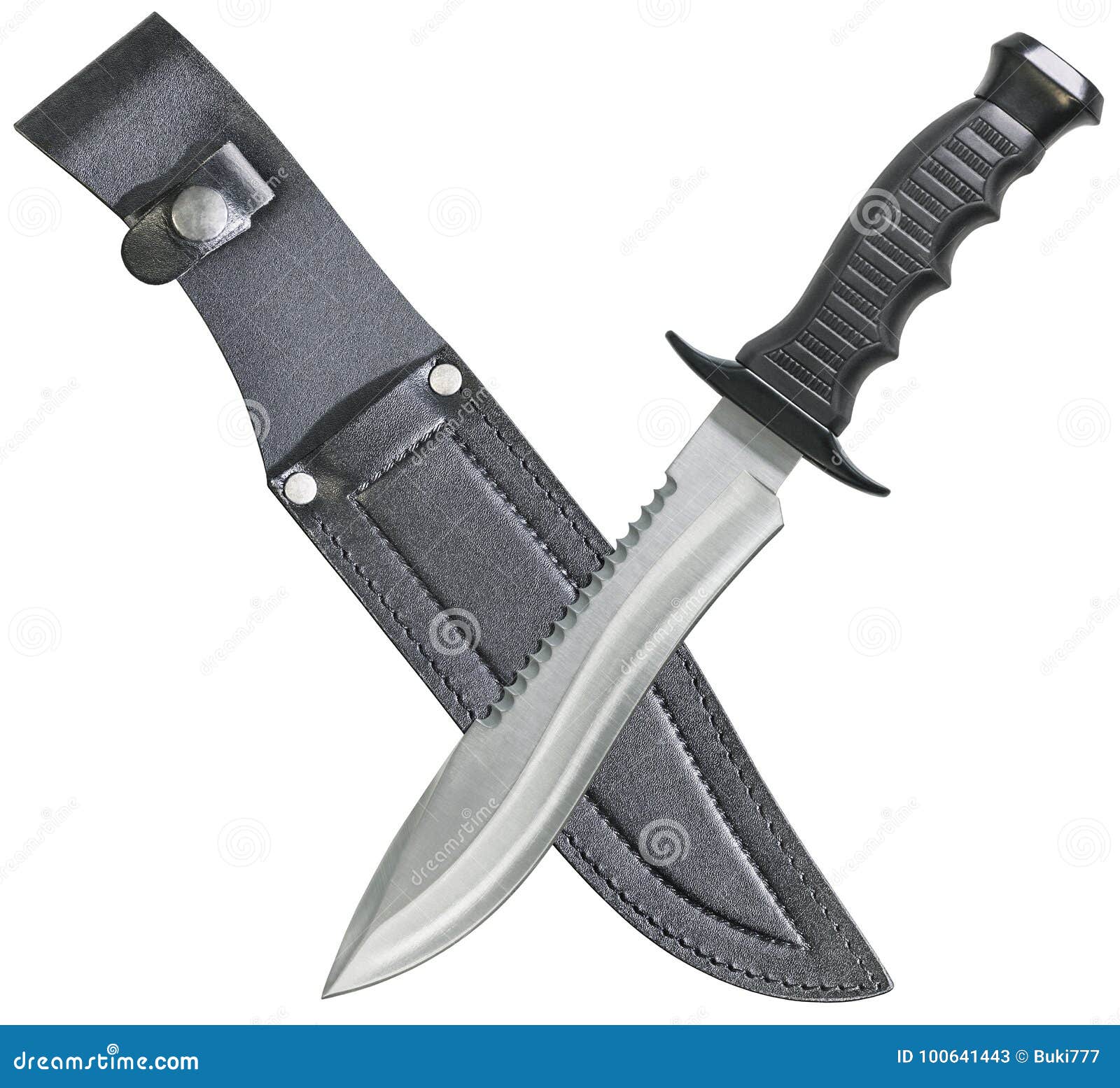 tactical combat hunting survival bowie knife with black leather sheath  on white background