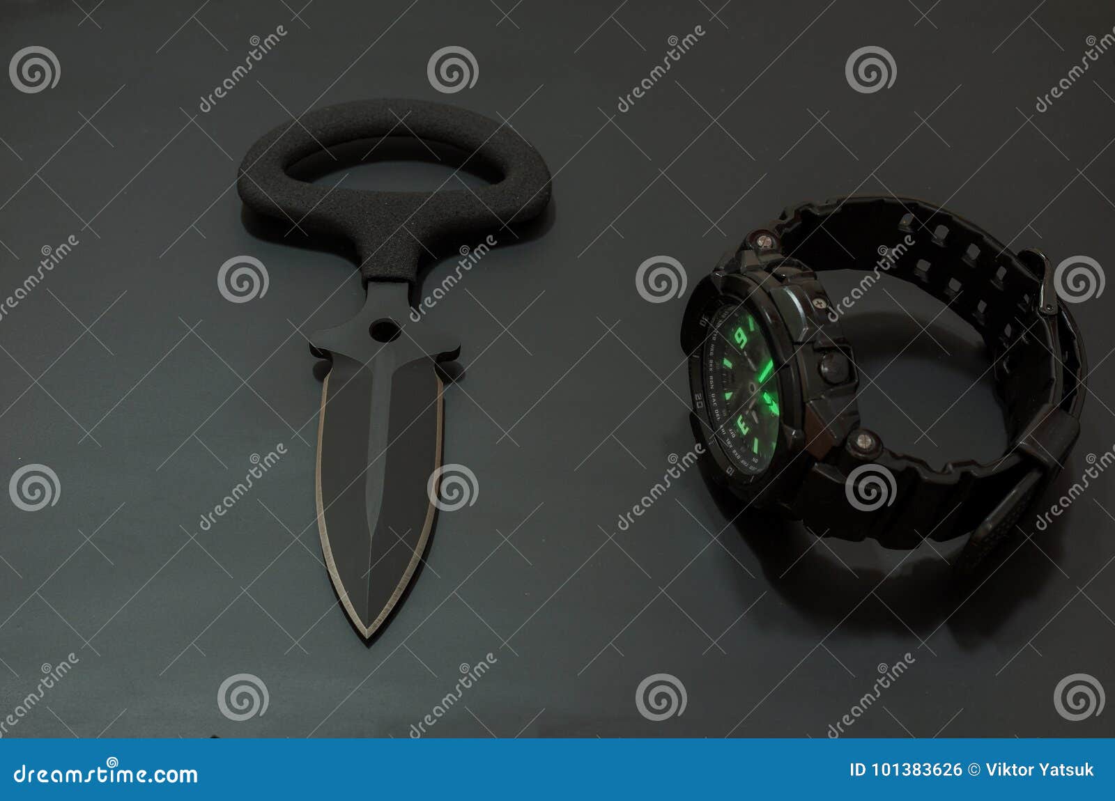 Tactical Knife and Tactical Clock. Stock Photo Image of pike, knife 101383626